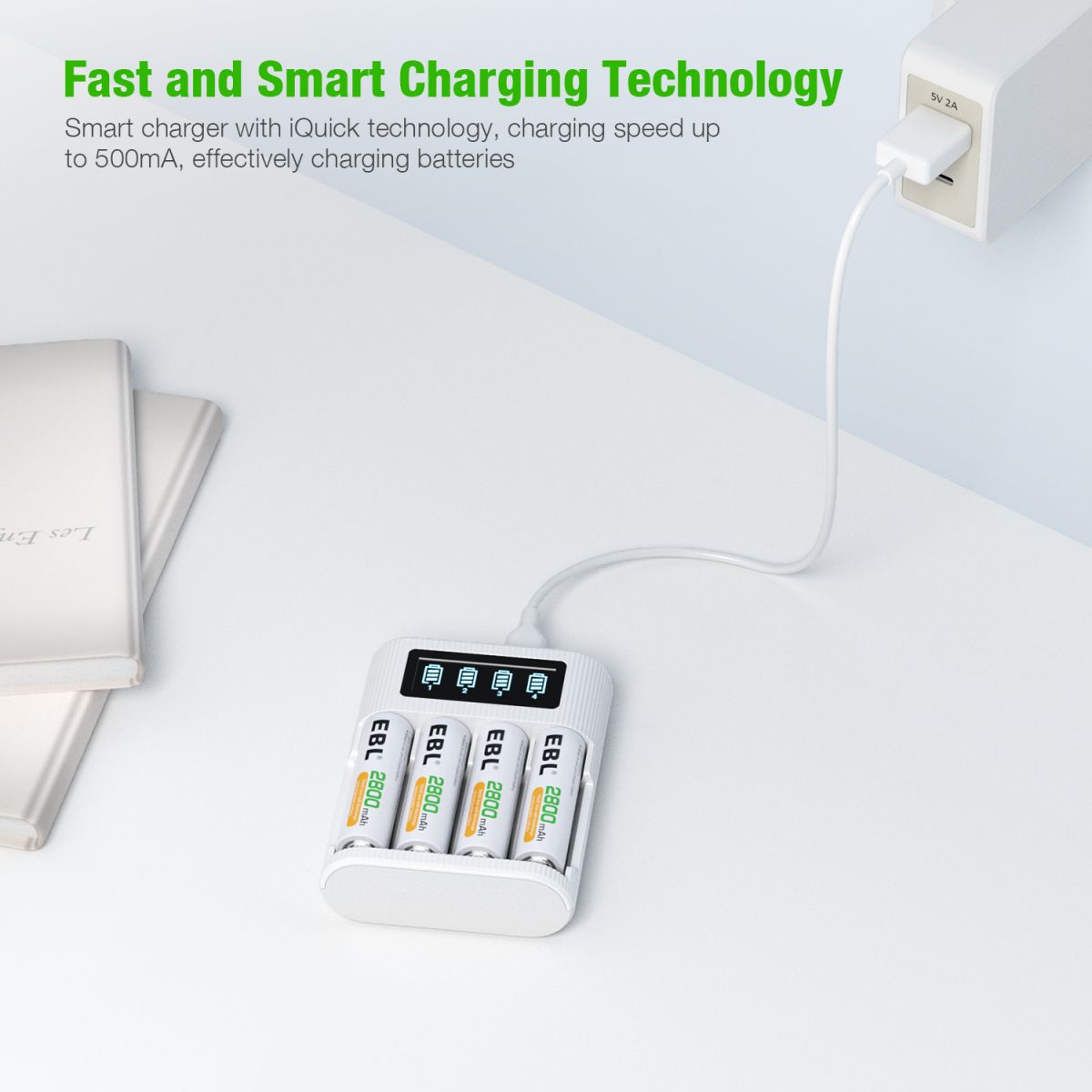 EBL AA AAA Rechargeable Batteries with FY 409 4 Bay LCD Charger - Fast Charging for Cameras, Toys, Flashlights & Electronics - Perfect for Home, Office and Travel Use