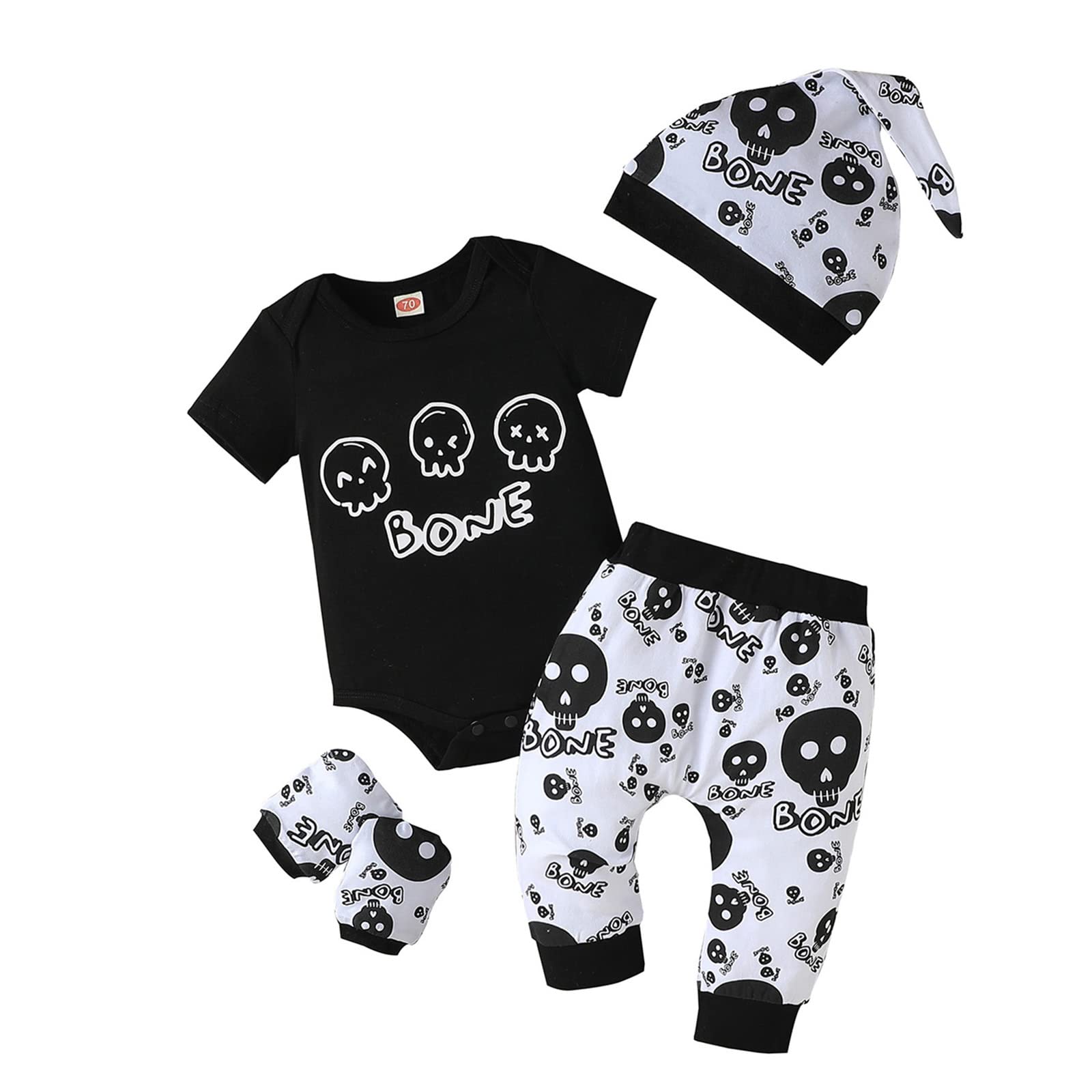 4pcs Newborn Baby Boy Clothes Set - Skull Romper, Pants, Hat & Mittens | Halloween Outfit for Infant Boys | Perfect for Halloween Parties, Photo Shoots & Dress-Up