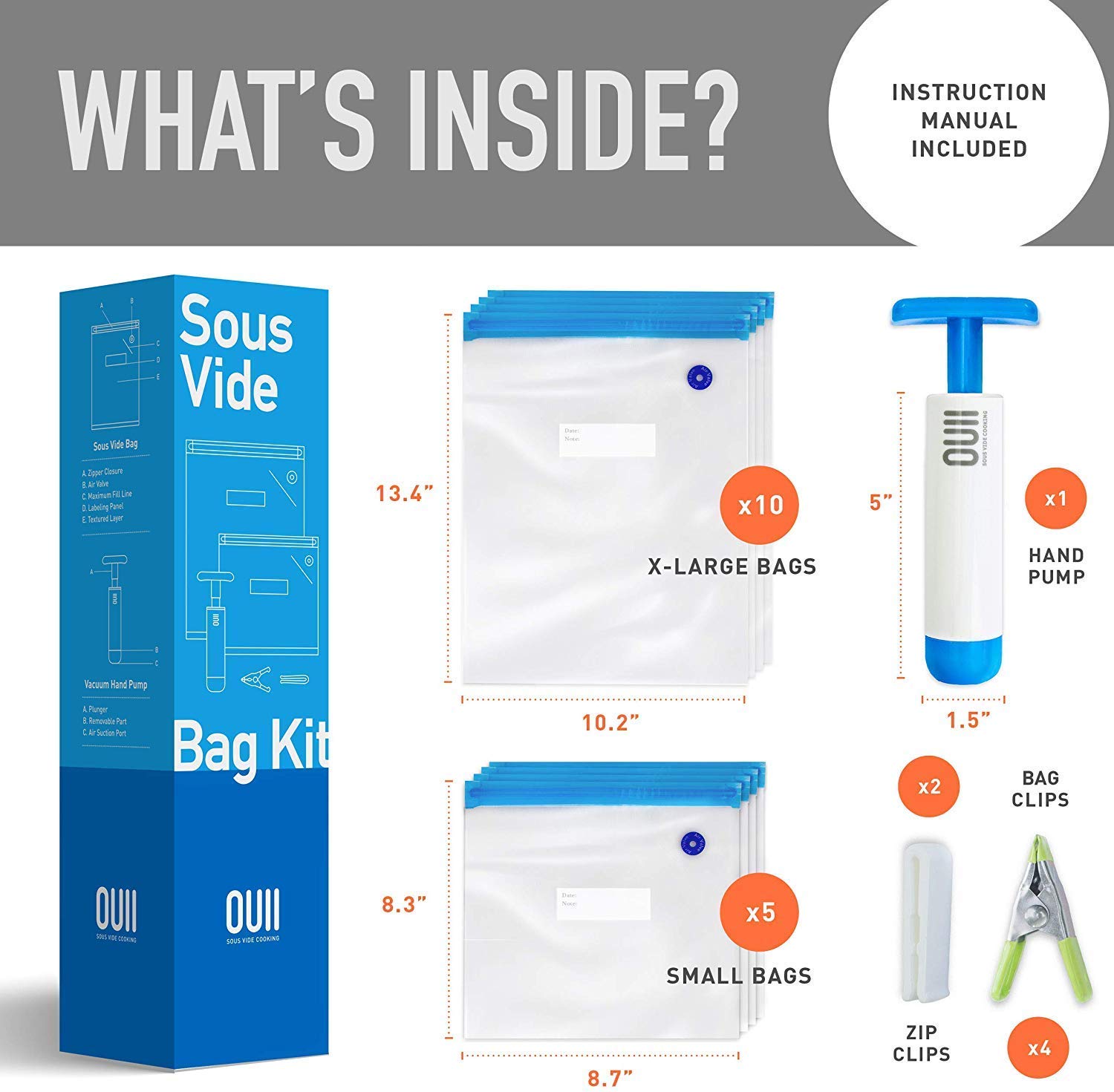 Premium Reusable BPA-Free Sous Vide Bags (15 Pack) with Hand Pump - Compatible with Joule, Anova & All Sous Vide Machines - Multi-Size Vacuum Sealer Bags for Food Storage & Freezing - Perfect for Meal Prep, Sous Vide Cooking & Long-Term Food Preservation