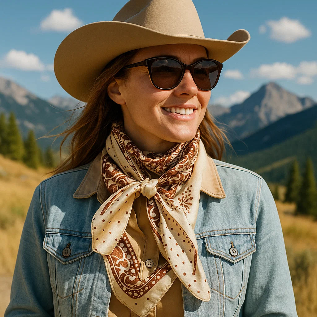 35X35 Tan/Brown Polka Dot & Paisley Wild Scarf - Western Bandana for Cowboy, Cowgirl & Horse Riders - Perfect for Rodeo, Ranch Work & Outdoor Adventures