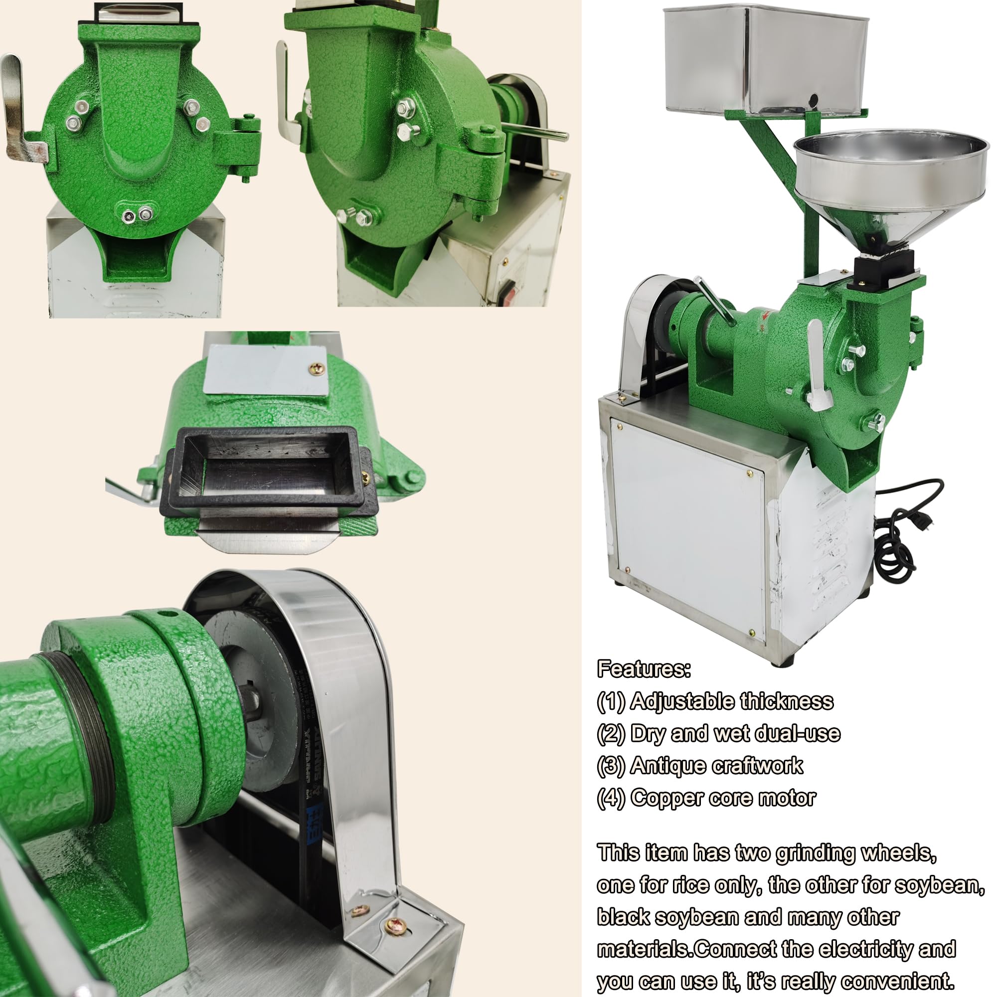 Commercial Electric Grain Grinder Machine for Rice, Soybean, Corn - Wet & Dry Grinding with 2 Wheels - 110V Silver Grain Mill for Cereals, Wheat, Feed Flour - Perfect for Home Kitchens & Small Businesses
