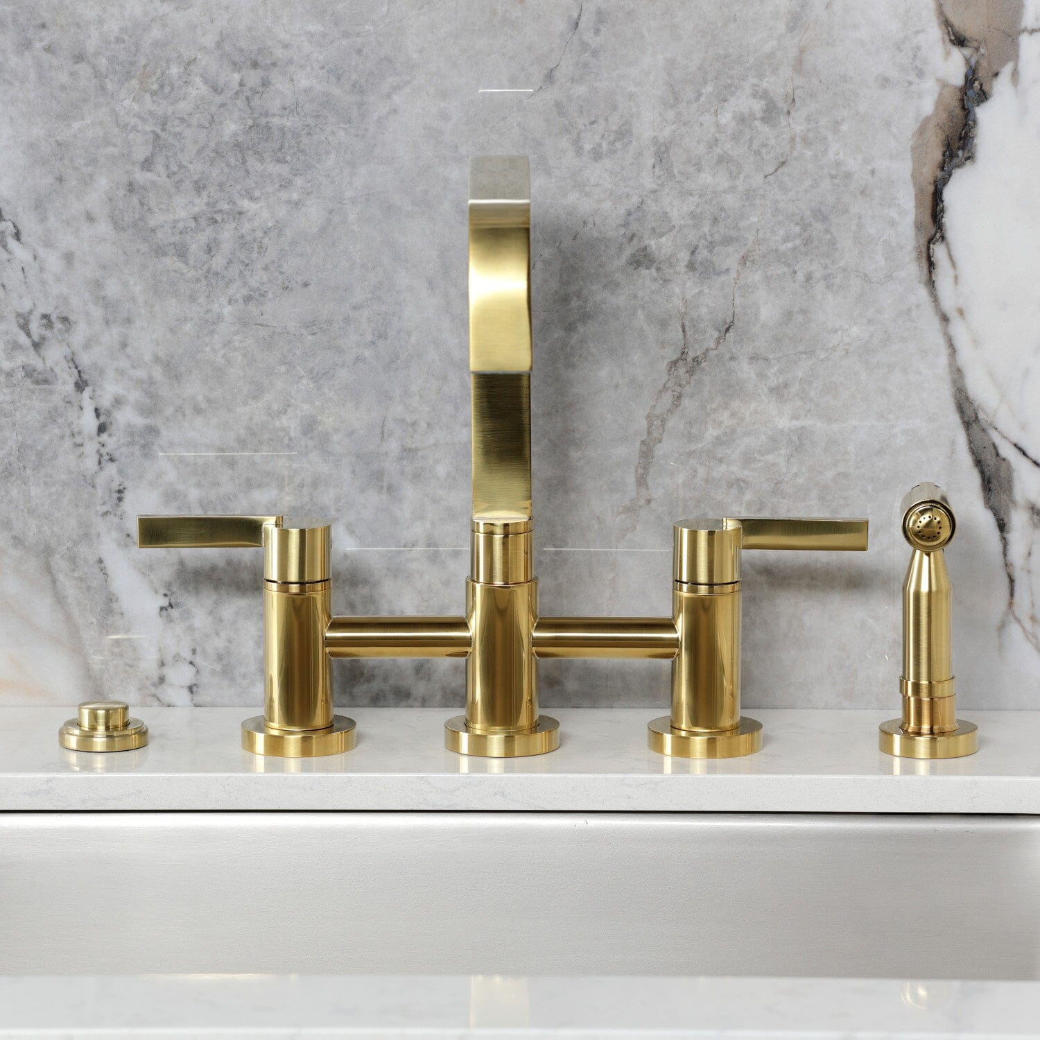 High-Quality Continental Two Handle 4 Hole Deck Mount Bridge Kitchen Faucet with Brass Side Sprayer - Perfect for Modern Farmhouse & Industrial Style Kitchens