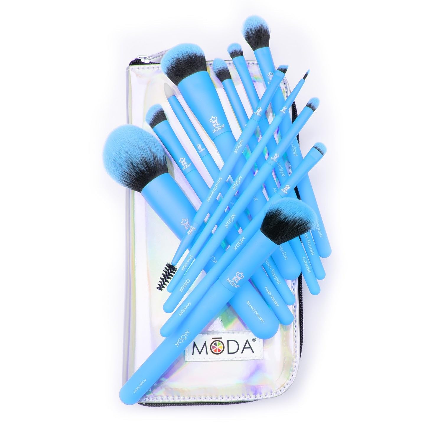 MODA Totally Electric 13-Piece Professional Makeup Brush Set - Powder, Blush, Foundation, Eyeshadow & Blending Brushes with Travel Case (Neon Blue) - Perfect for Makeup Artists, Beginners & Travel Beauty Essentials