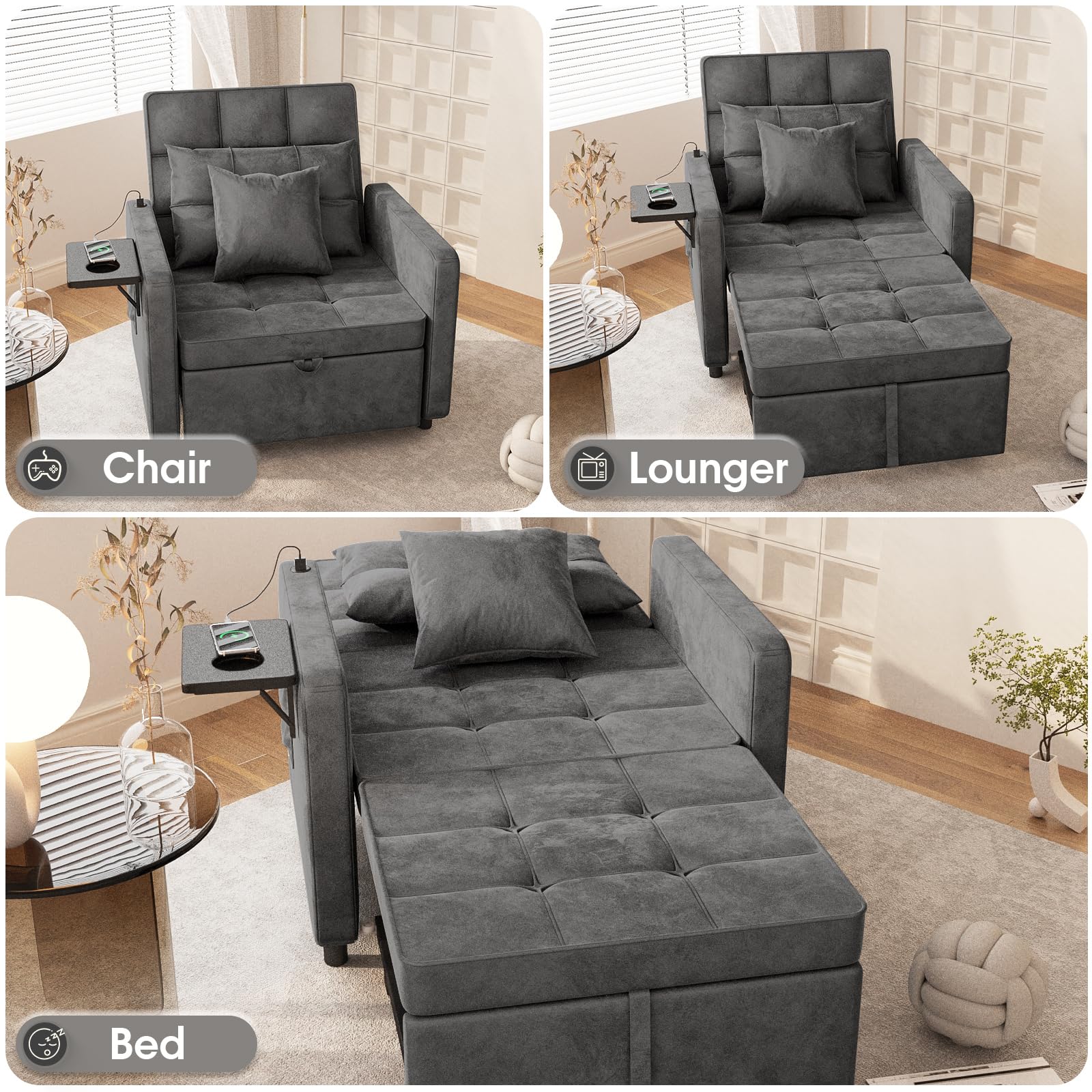 3-in-1 Convertible Velvet Sofa Bed Chair with Wing Table & USB Ports - Adjustable Backrest Sleeper Couch with 2 Pillows - Dark Grey for Living Room, Bedroom & Small Space