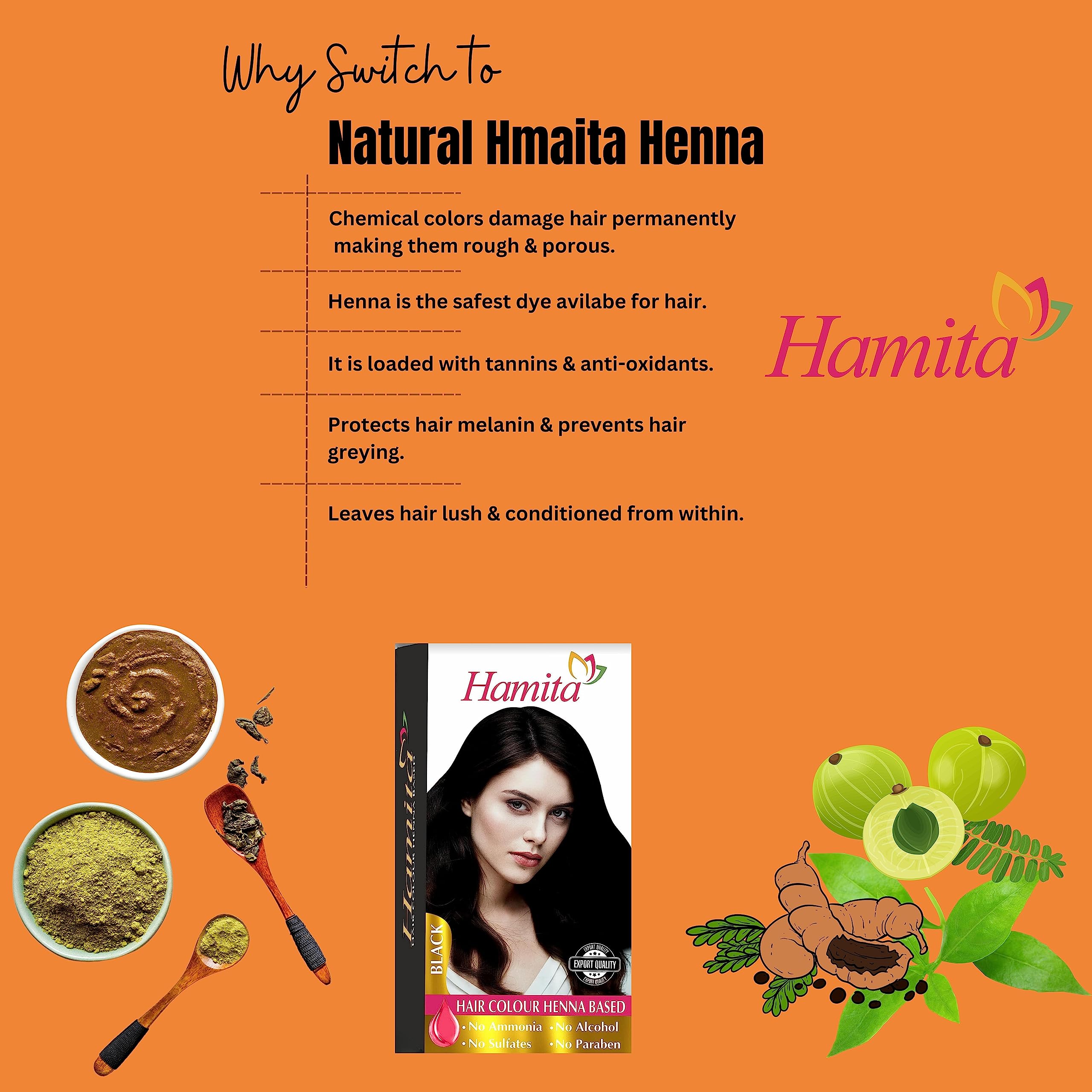 Natural HAMITA Henna Hair Color for Men & Women - Ammonia-Free, Long-Lasting Red Hair Dye | Promotes Healthy, Strong Hair | Perfect for At-Home Hair Coloring & Covering Gray Hair | Pack of 1