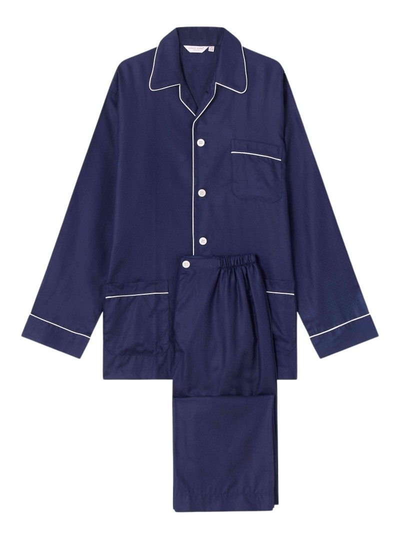 DEREK ROSE Lombard 6 Cotton Jacquard Classic Fit Pajama Set for Men - Navy Blue Sleepwear | Comfortable & Breathable for Nighttime & Lounging