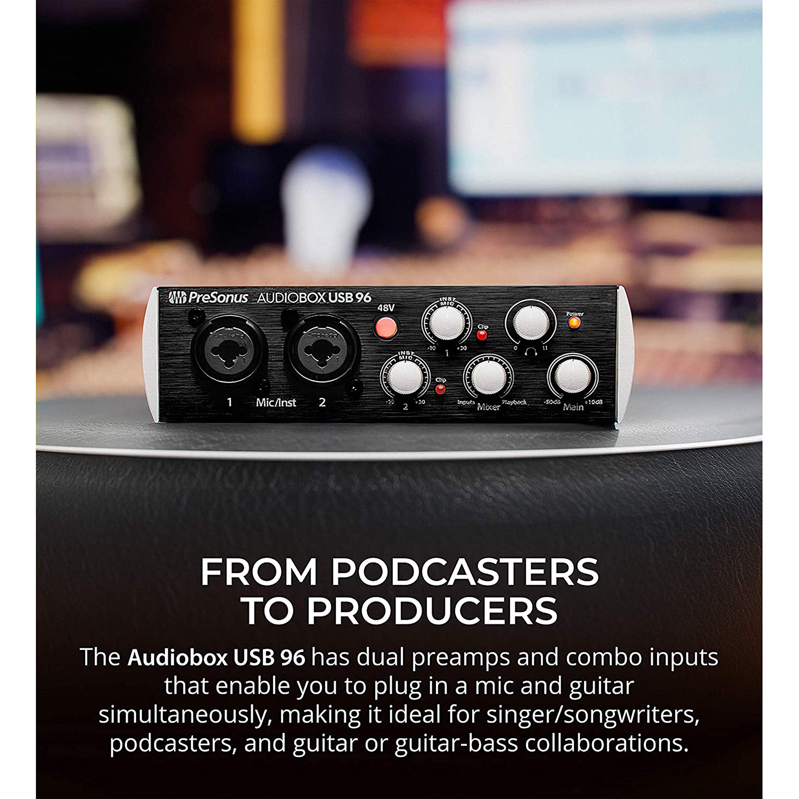 PreSonus AudioBox USB 96 Digital Audio Interface with 96kHz Converters - USB Bus-Powered, Class A MIC/LINE/Instrument Preamps - Includes Gravity Phone Holder & XLR Cables (Black) - Perfect for Home Recording, Podcasting & Music Production