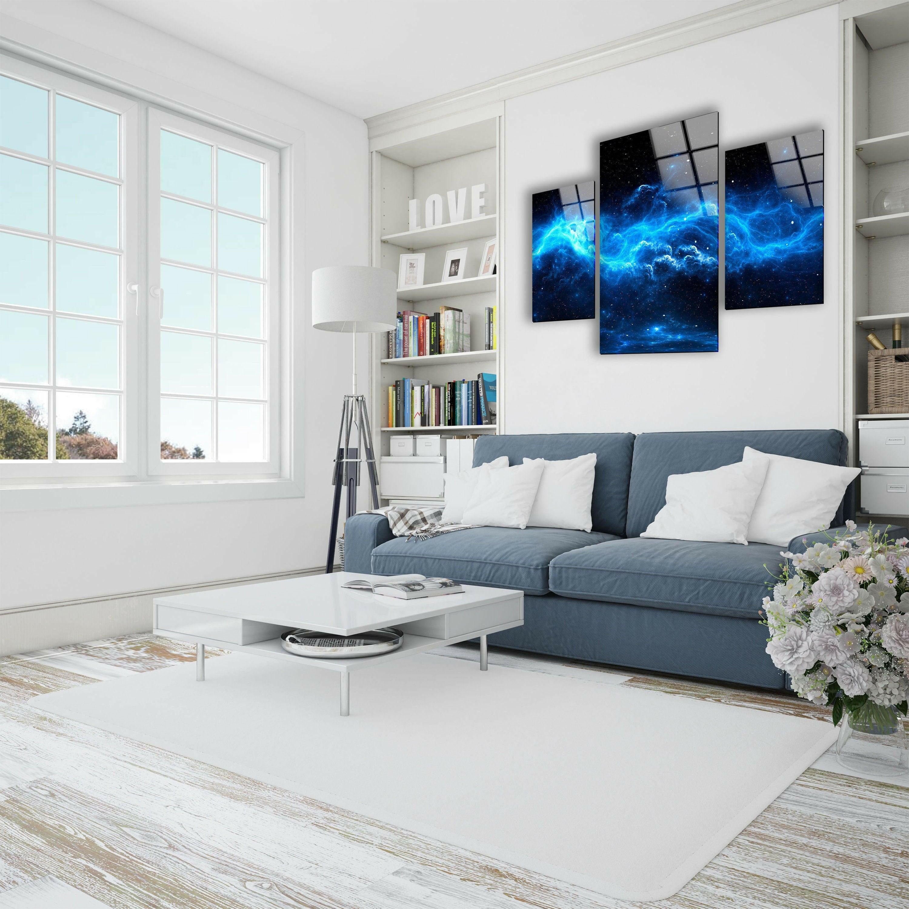 Blue Starry Cloudy Galaxy Glass Wall Art - Handmade Celestial Decor for Living Room, Bedroom & Office - Perfect for Home & Office Décor