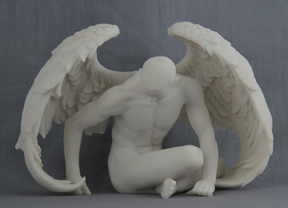 7.88 Inch Winged Nude Male Sitting Statue - Handmade White Resin Sculpture - Modern Art Decor for Home, Office & Meditation Spaces