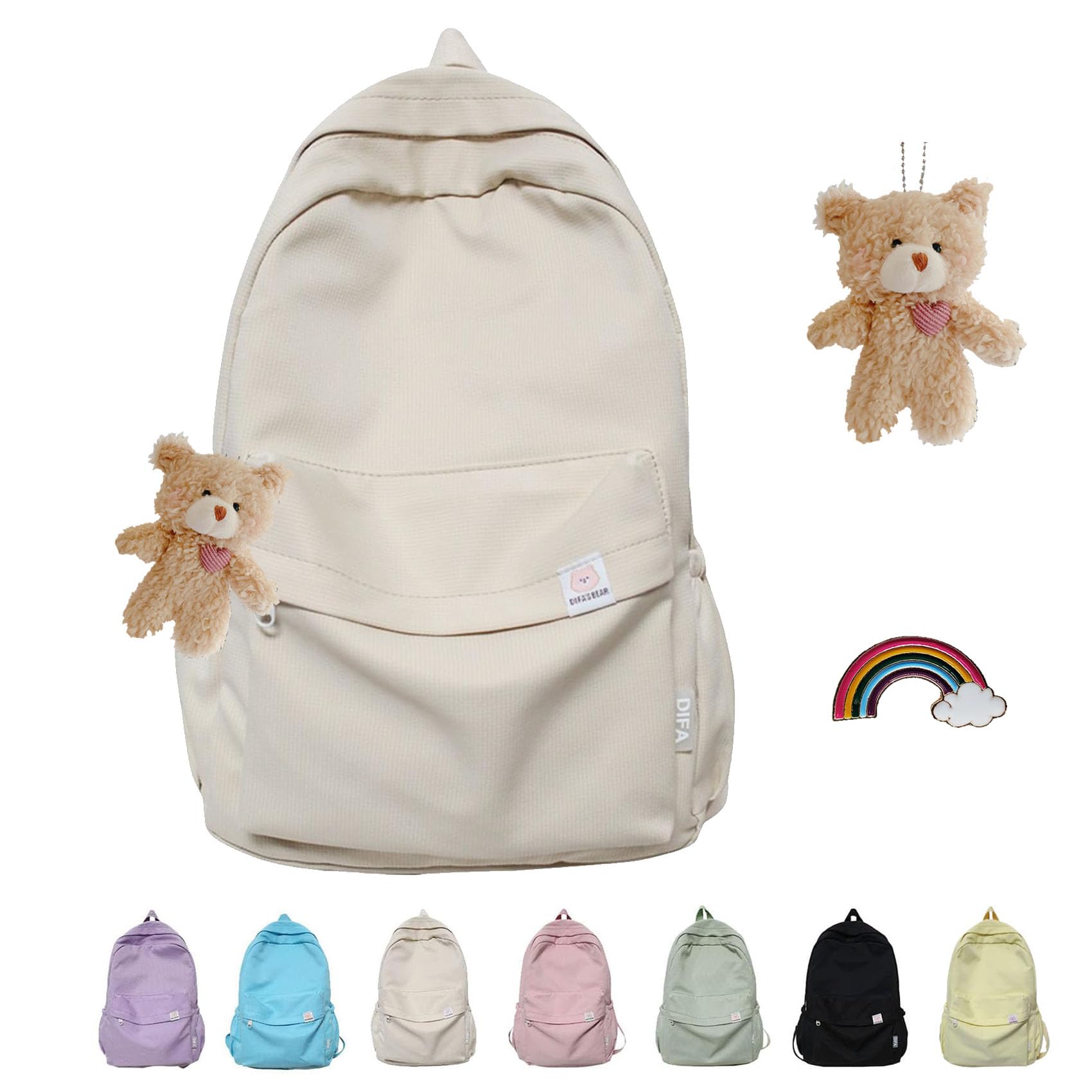 Cute Aesthetic Bear Backpack - Kawaii Simple Solid Color Laptop Bag with Bear Pendant for Women & Teens | School, College, Travel & Work Commute Accessories