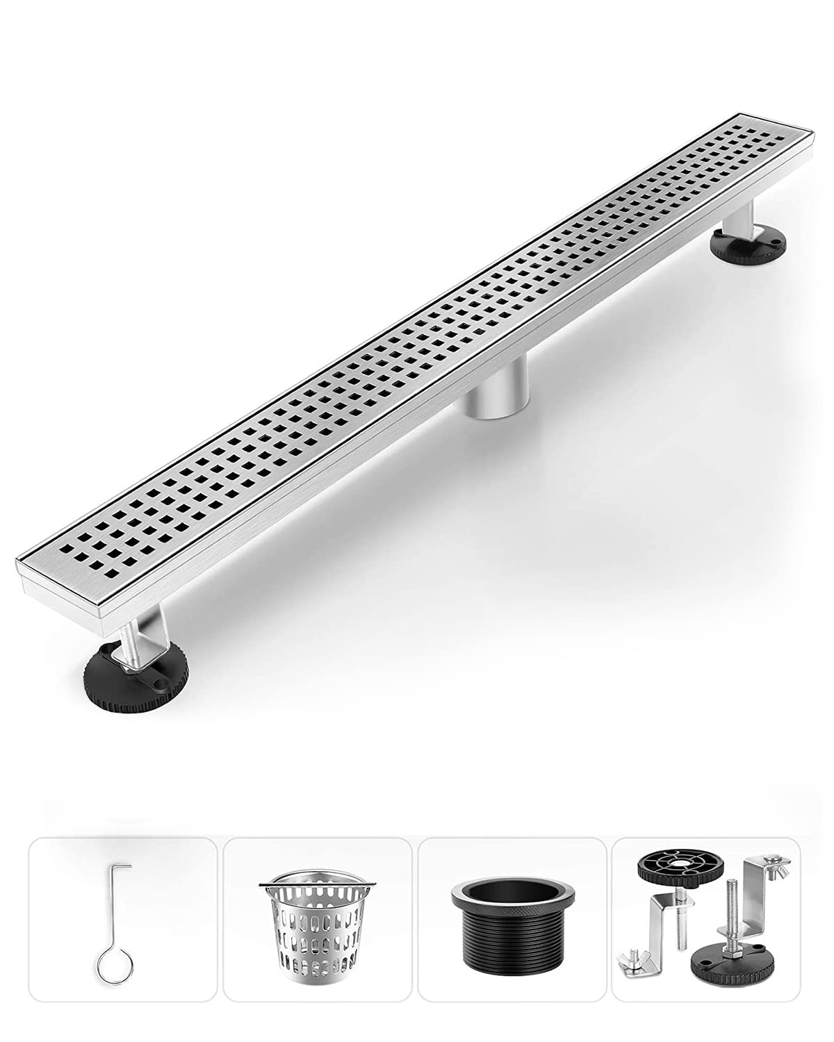 48 Inch Linear Shower Drain - Brushed Nickel 304 Stainless Steel Bathroom Floor Drain with Removable Grate | Modern Waterproof Design for Walk-in Showers & Wet Rooms | Easy Installation & Low Maintenance