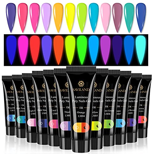 Saviland Poly Gel Nail Kit - 12 Vibrant Neon Colors for Nail Art, Halloween & Glow in Dark Nails | Perfect for Night Parties, Raves, UV Events & Festival Makeup