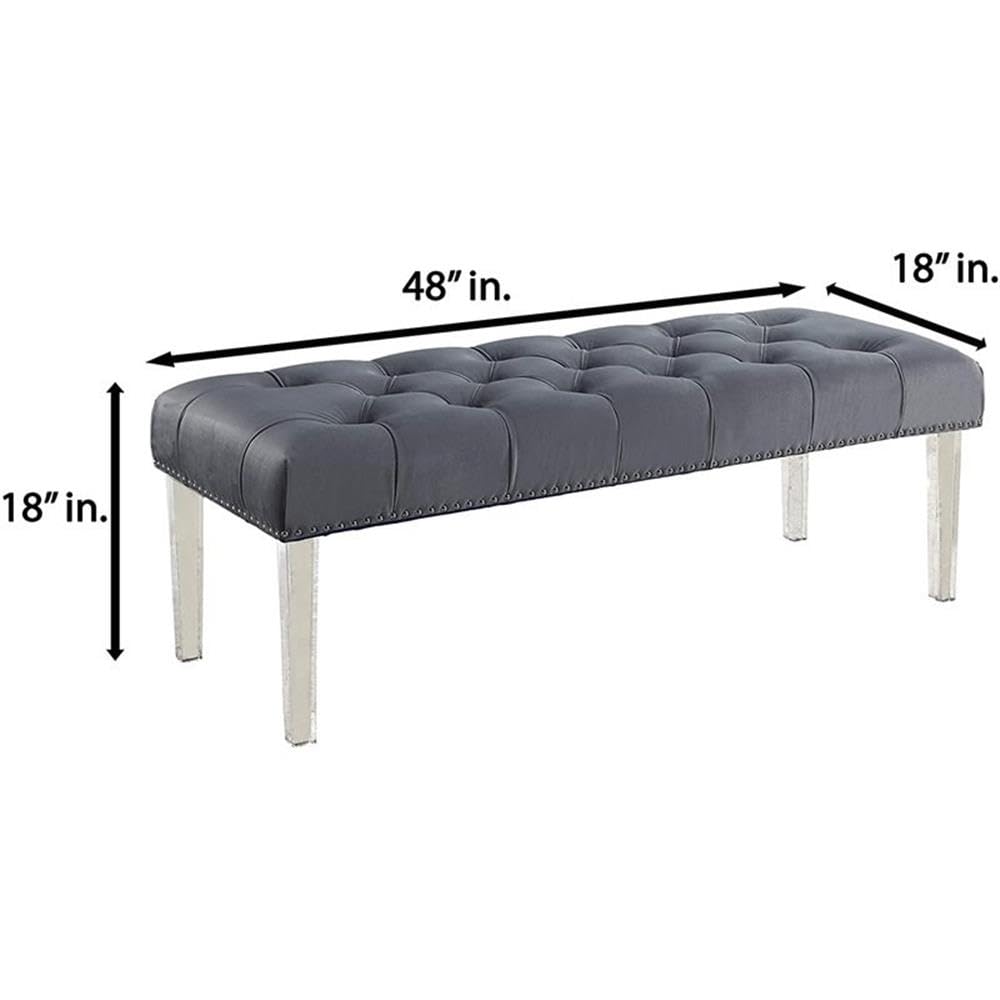 BOWERY HILL Gray Fabric Upholstered Tufted Accent Bench with Acrylic Legs - Perfect for Entryway, Bedroom or Living Room Seating Decor