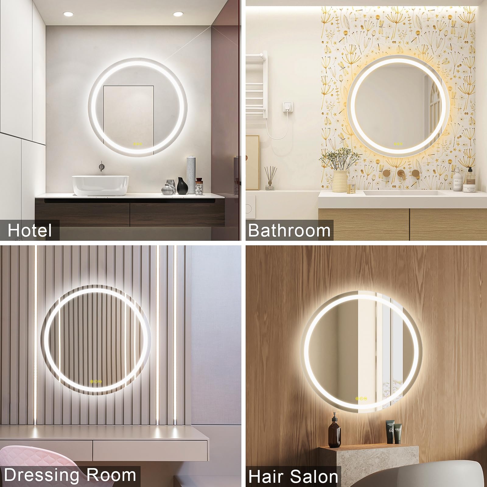 36 Inch Round LED Bathroom Mirror with Dimmable Lights - Anti-Fog, IP44 Waterproof, Color Changing - Large Wall Mounted Vanity Mirror for Modern Bathrooms & Makeup Areas