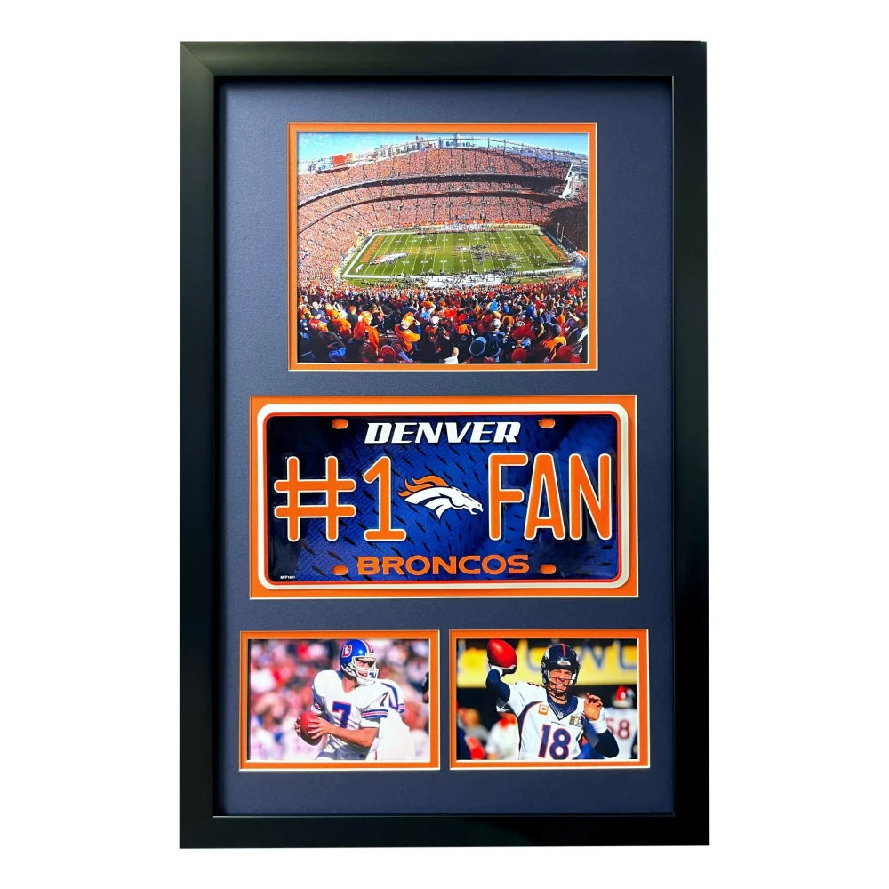 Denver Broncos Fan License Plate Framed Collage - NFL Memorabilia Featuring John Elway & Peyton Manning - Perfect for Man Cave, Sports Bar, or Broncos Fan Gift