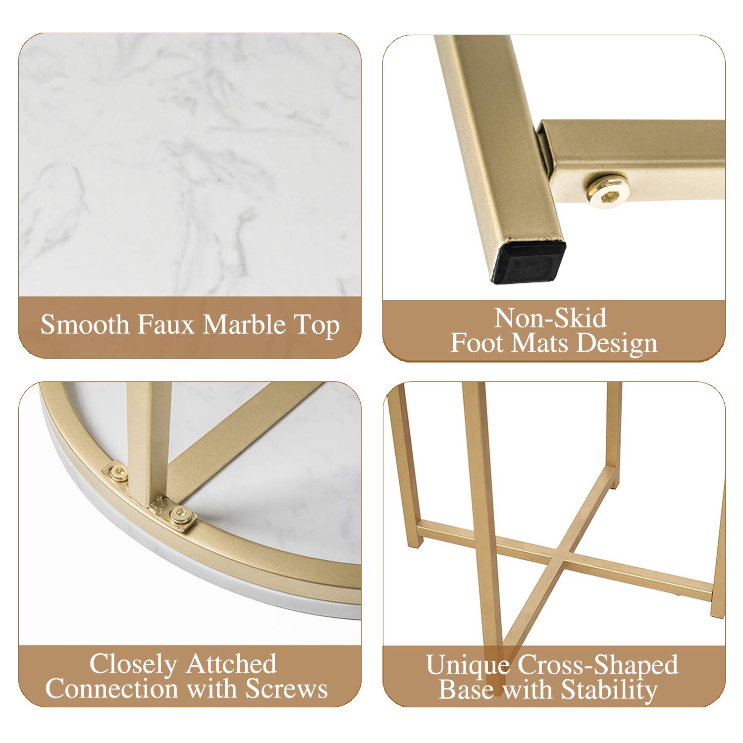 Modern Round Side Table with Marble Top & Gold Metal Base - 15.75