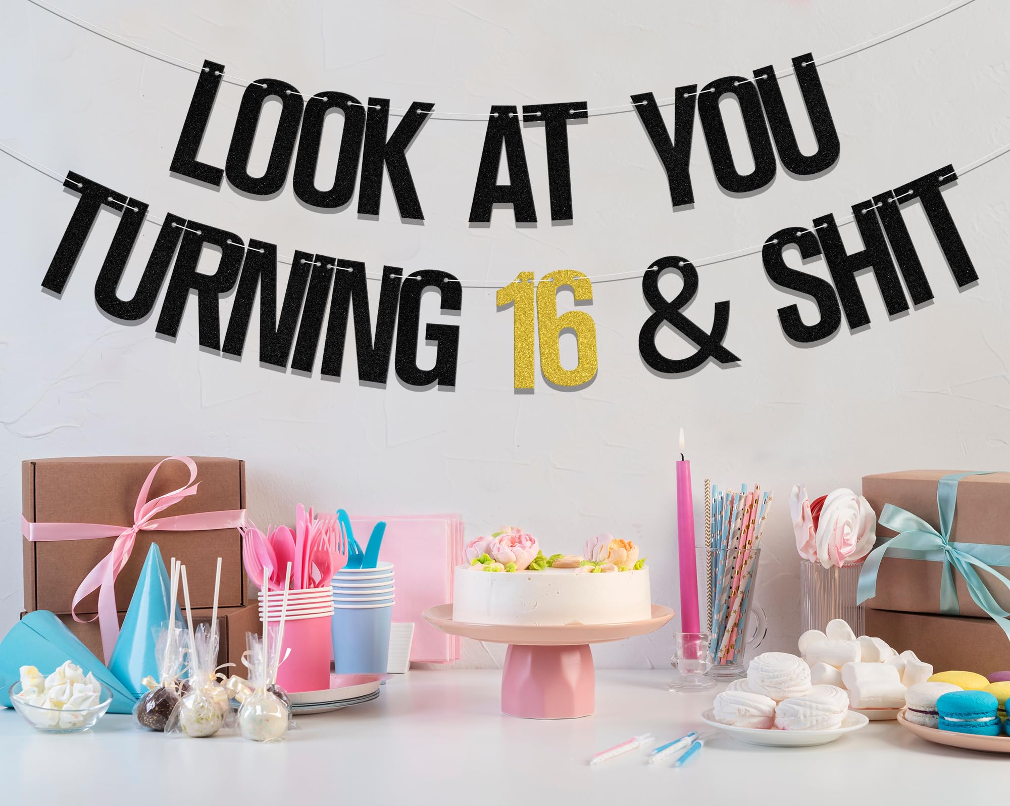 Happy Sweet 16 Birthday Banner - 16 and Fabulous Party Decorations - Black & Gold Turning 16 Sign - Hide The Car Keys Decor - Perfect for Sweet 16 Parties, Milestone Celebrations & Teen Birthday Decor