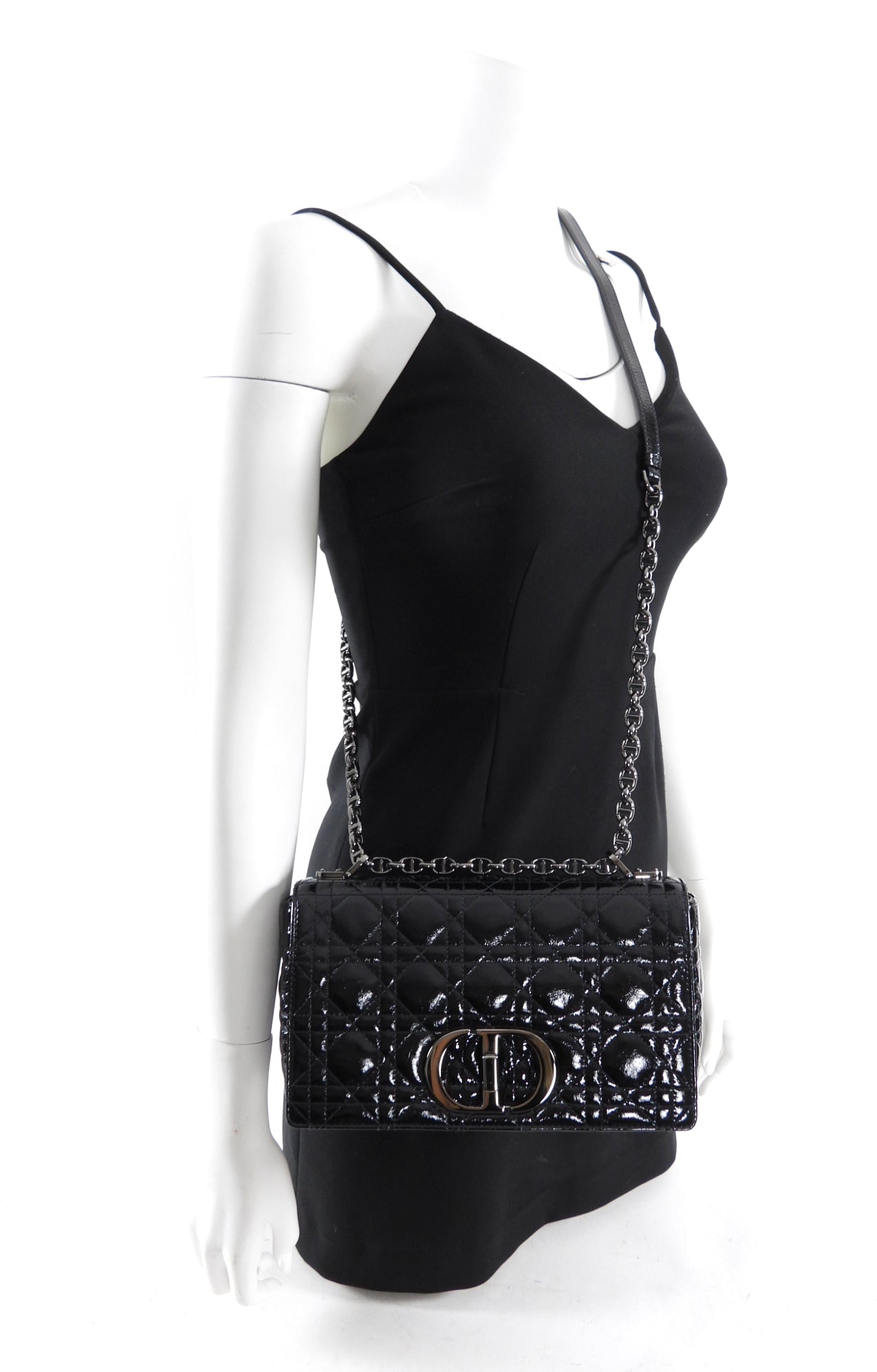Christian Dior Black Patent Leather Caro Medium Cannage Flap Bag - Luxury Designer Handbag for Women, Perfect for Evening Events & Special Occasions