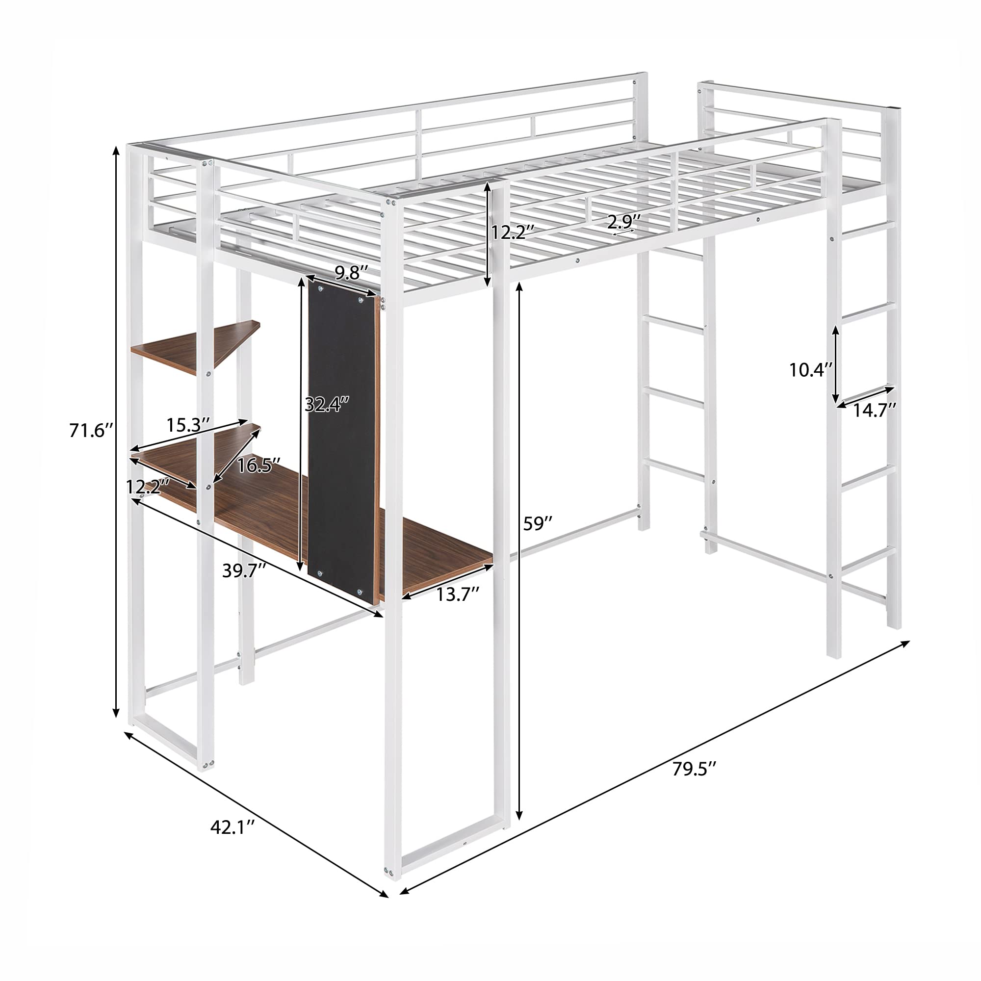 P PURLOVE Twin Size Metal Loft Bed with Desk & Shelves for Kids & Teens - Sturdy 2-Ladder Bed Frame, No Box Spring Needed - Perfect for Small Bedrooms, Dorm Rooms & Space-Saving Kids' Rooms