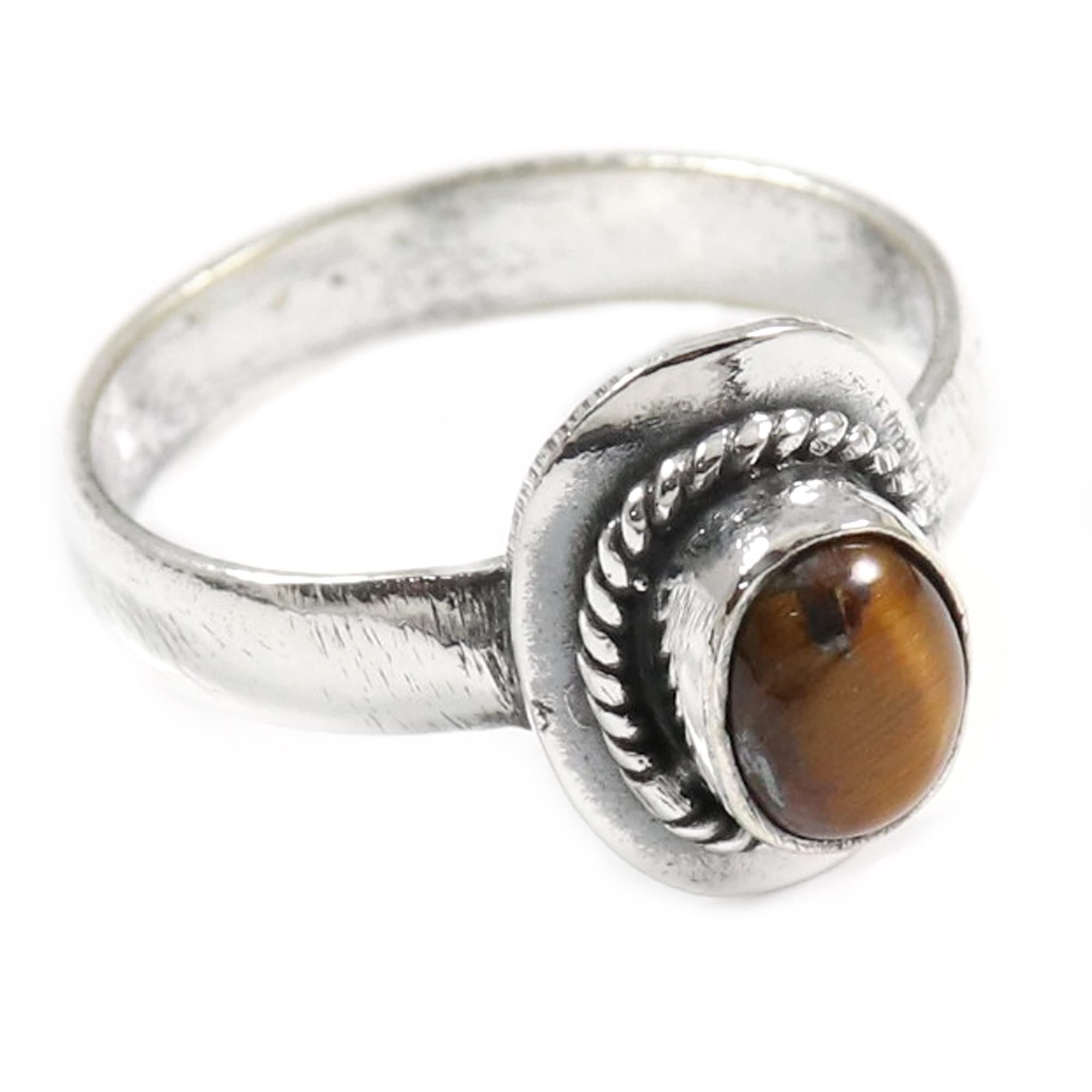 Tiger Eye Gemstone Band Ring for Men & Women - 925 Sterling Silver Handmade Jewelry - Unisex Wedding, Anniversary, or Gift - GESR-349H