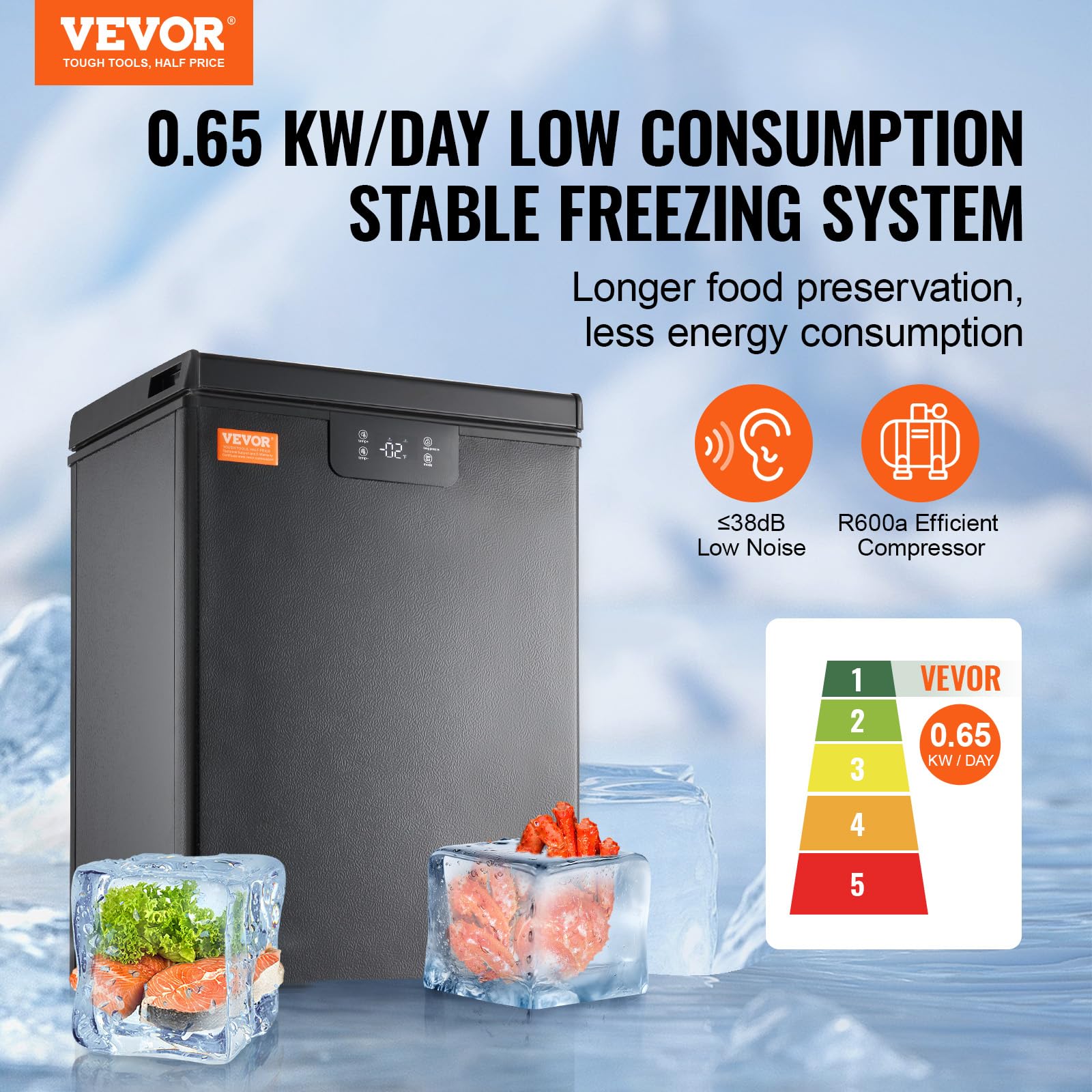 VEVOR 3.5 Cu.ft Compact Chest Freezer - Energy Efficient Deep Freezer with Adjustable Thermostat, 2 Removable Baskets & Low Noise Design - Perfect for Home, Garage, Basement or Small Business Storage (Black)