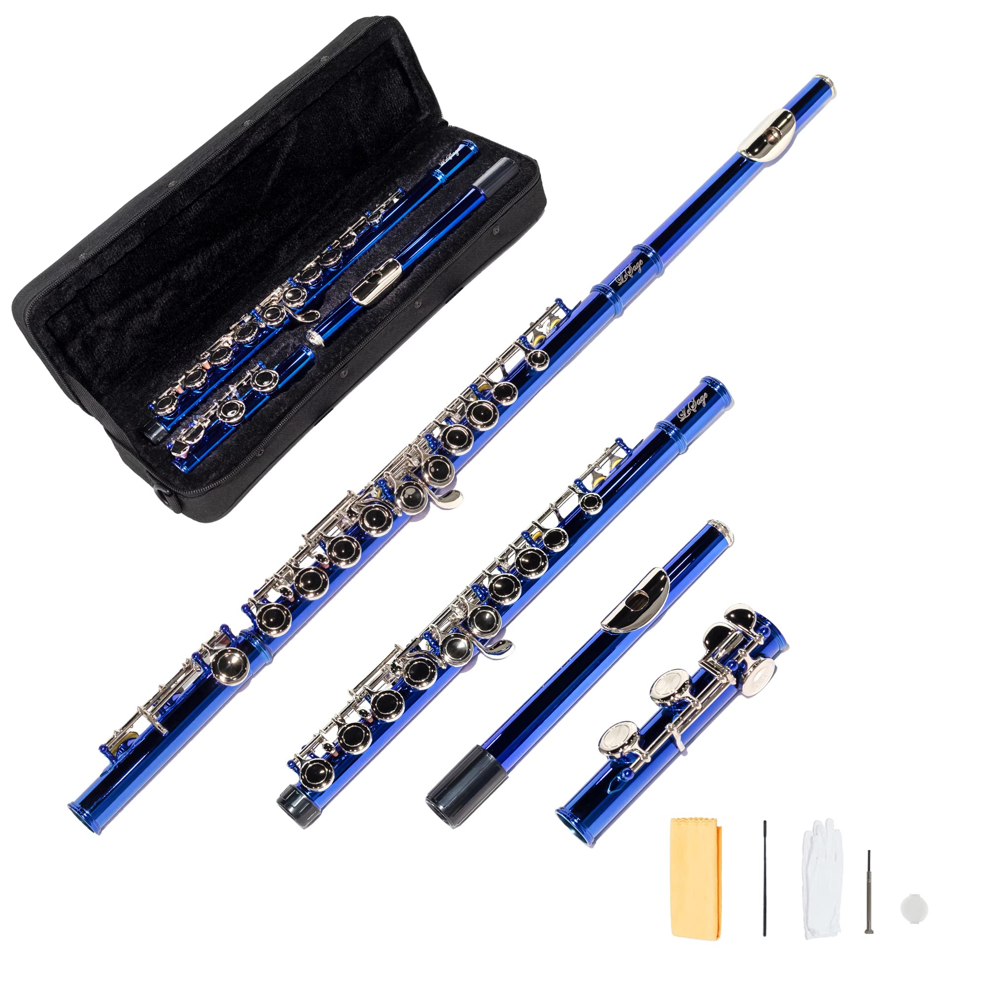 LeSage 16-Key Closed Hole C Flute for Beginners - Blue Student Flute with Case, Cleaning Cloth & Maintenance Kit (C Foot, Offset G, Y-Arm) - Perfect for School Bands, Music Lessons & Practice