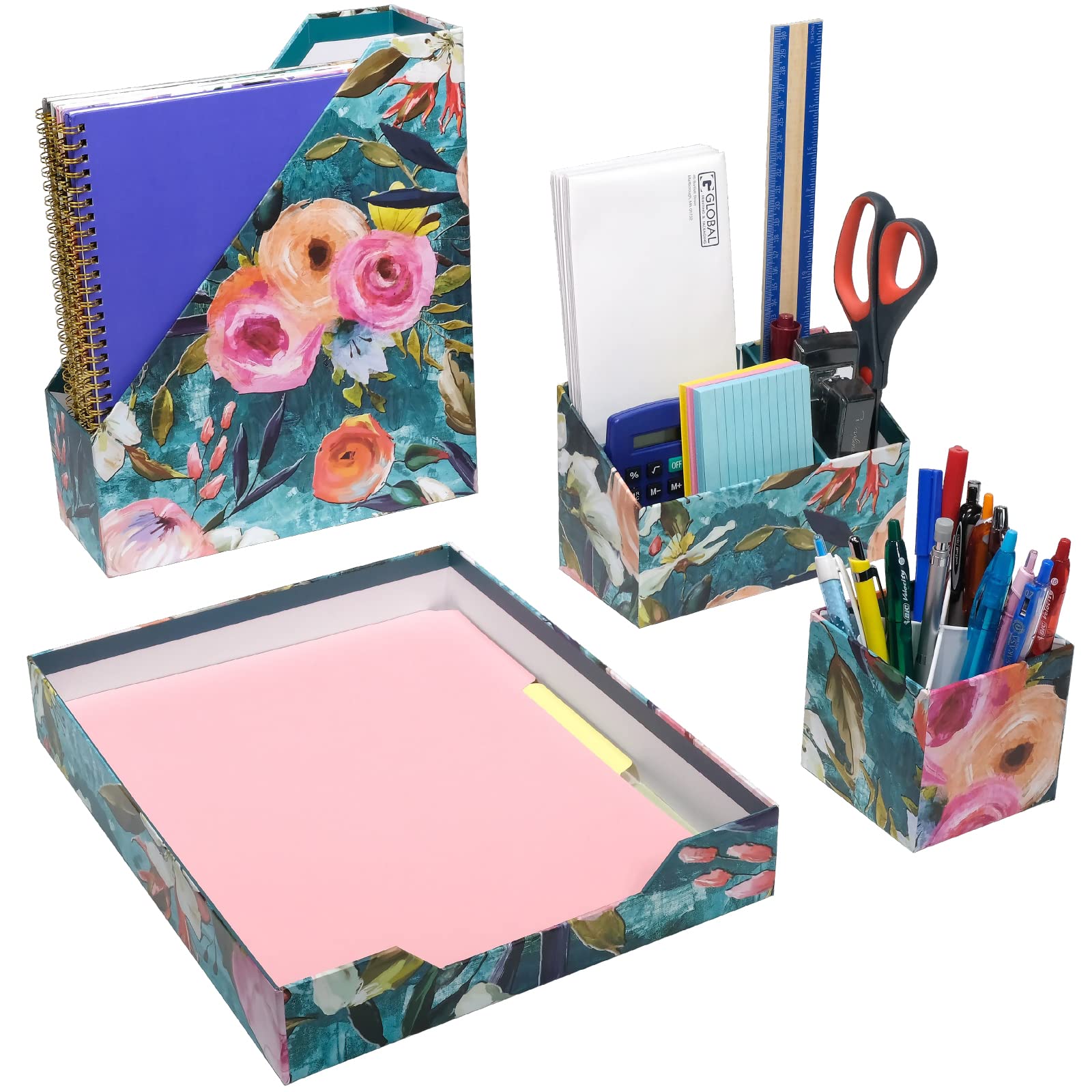 Floral Printed Desk Organizer Set - Letter Tray, Folder Stand, 3-Section Organizer & Pen Holder - Stylish Home Office Organization for Work & Study