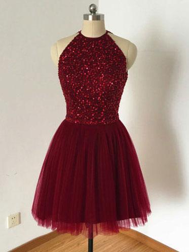 Burgundy Beaded Halter Short Homecoming Dresses for Women - Elegant & Affordable Prom Dresses Online (CM603) | Perfect for Homecoming, Prom, Party & Special Occasions