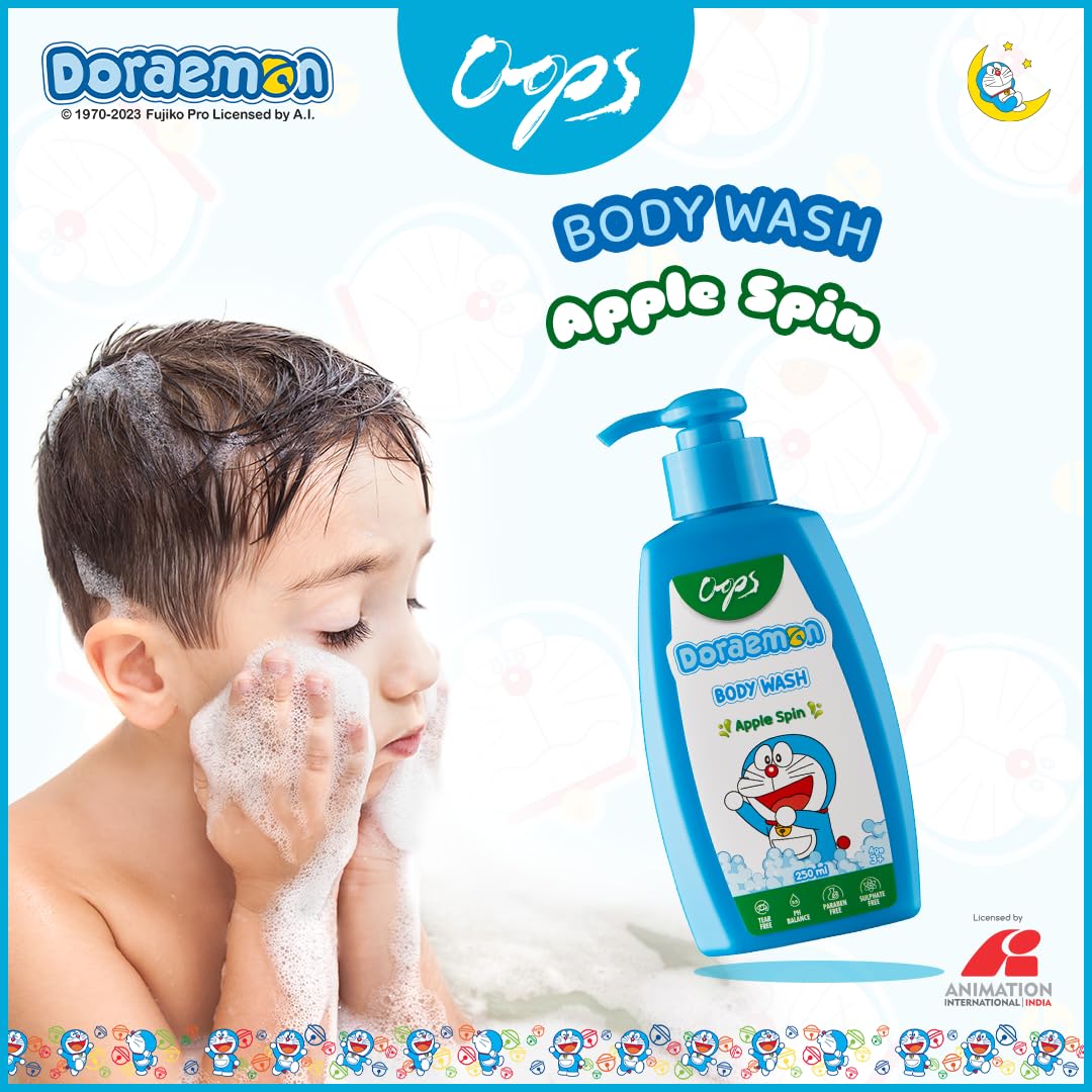 Doraemon Apple Spin Body Wash for Kids - 250ml (Pack of 2) | Gentle Cleansing Shower Gel with Fruity Scent | Perfect for Daily Bath Time & Gift for Anime Fans