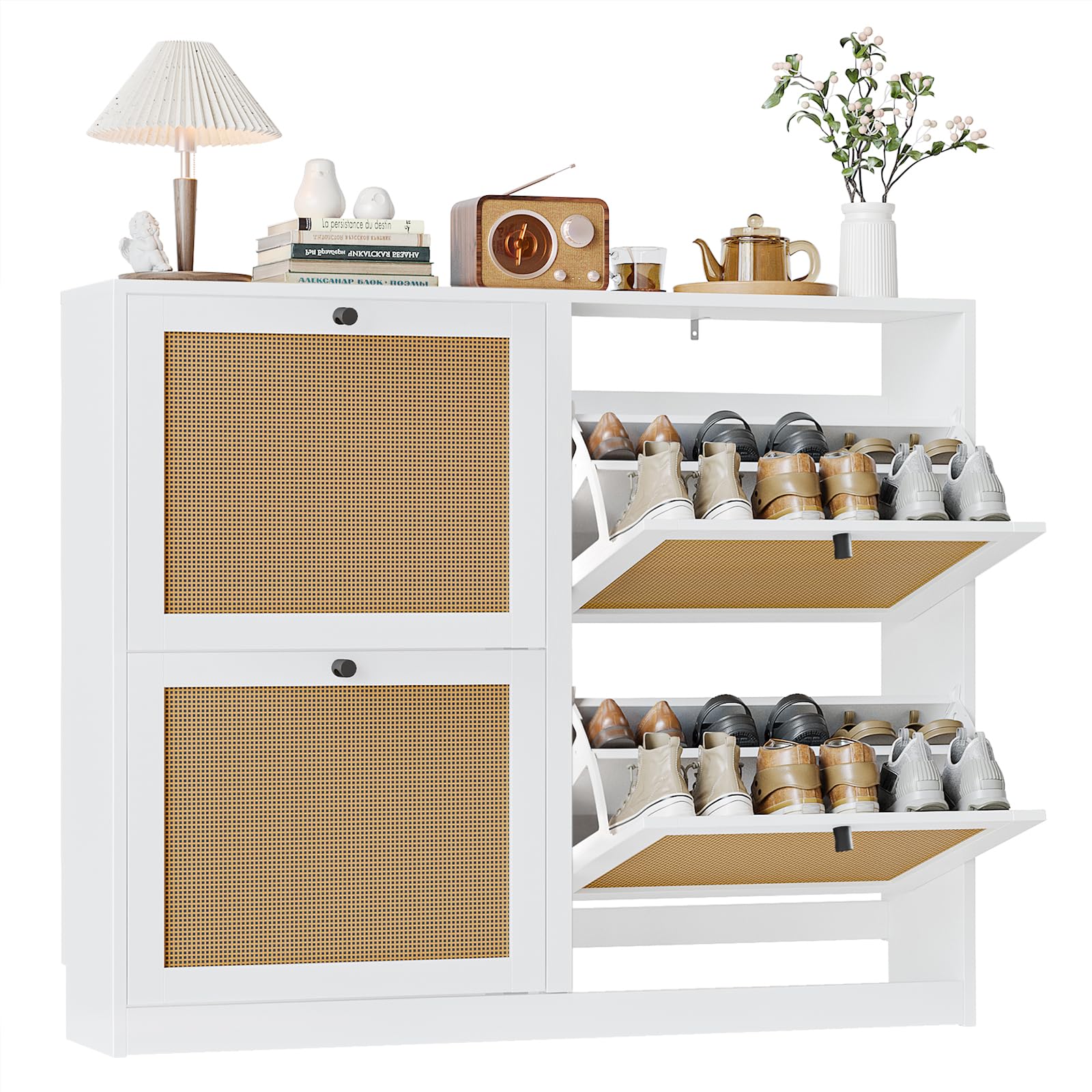 Anmytek Large Natural Rattan Shoe Storage Cabinet with 4 Flip Drawers - Freestanding Adjustable Shelf Shoe Organizer for Entryway, Hallway, Living Room | Perfect for Small Spaces, Closet Organization & Home Decor