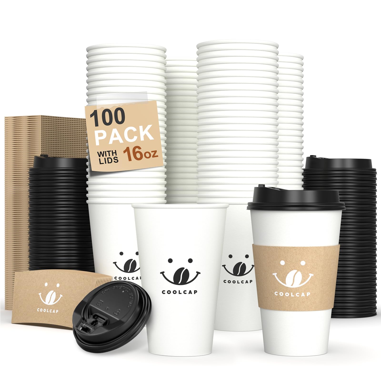 16oz Disposable Coffee Cups with Lids & Sleeves - 100 Pack Bulk White Paper Cups for Hot Beverages | Perfect for Coffee Shops, Offices & Takeout Services