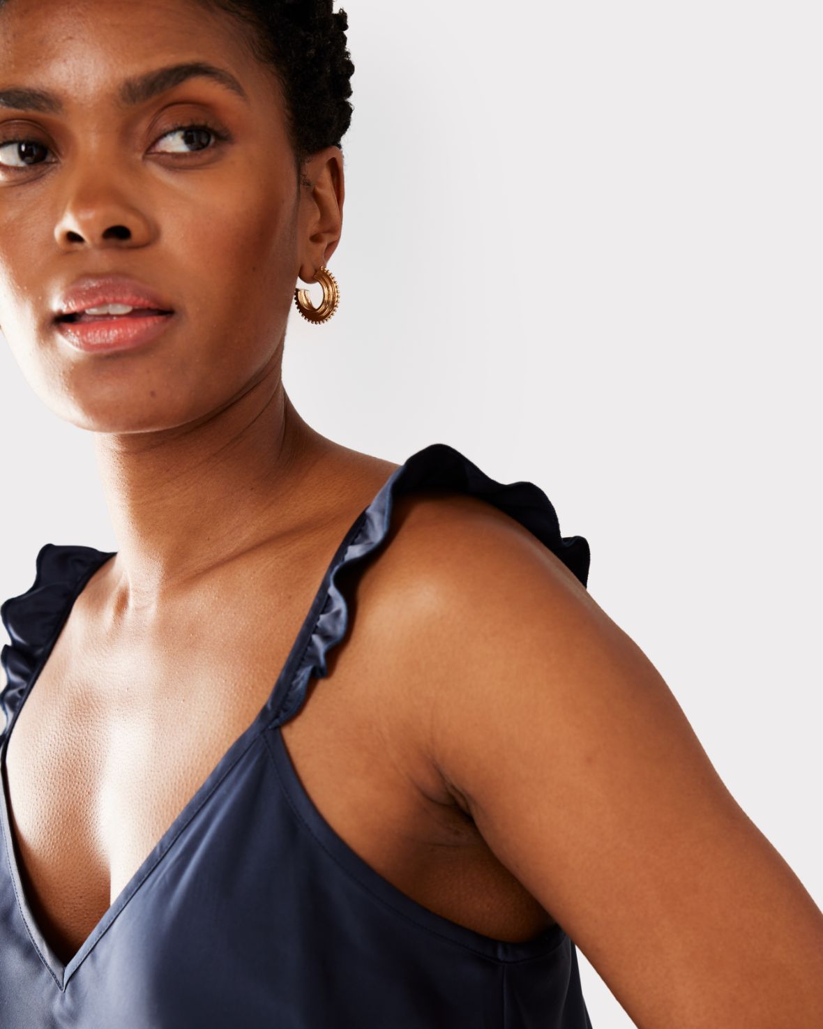 Satin Frill Trim Cami Short Pajama Set for Women - Navy Blue Loungewear for Sleepwear & Comfortable Nightwear