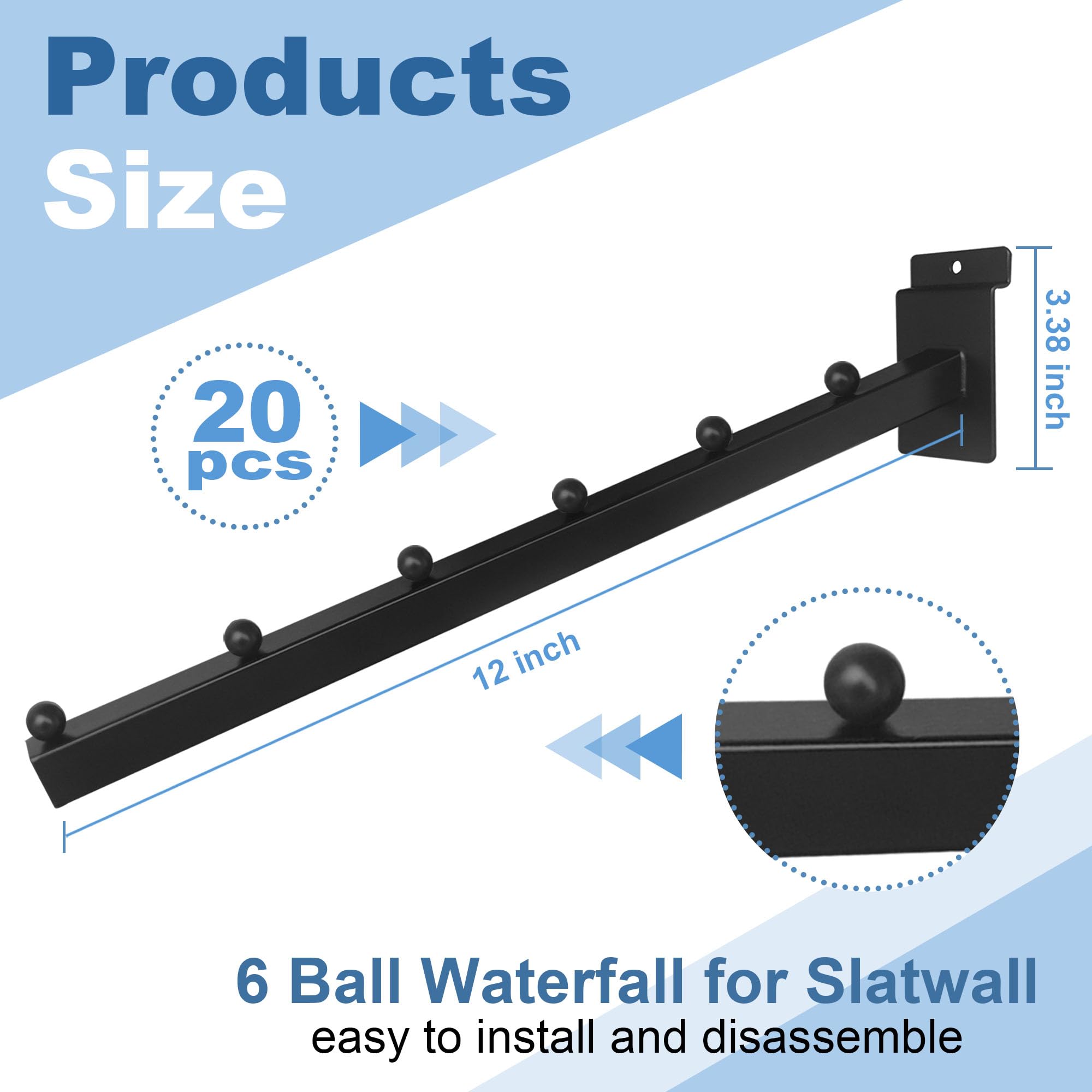 20 Pack 6 Ball Waterfall Hooks for Slatwall - 12 Inch Heavy Duty Slat Wall Hangers for Clothing Retail, Garage & Shop Display - Perfect for Organizing Apparel, Accessories & Tools in Stores and Homes