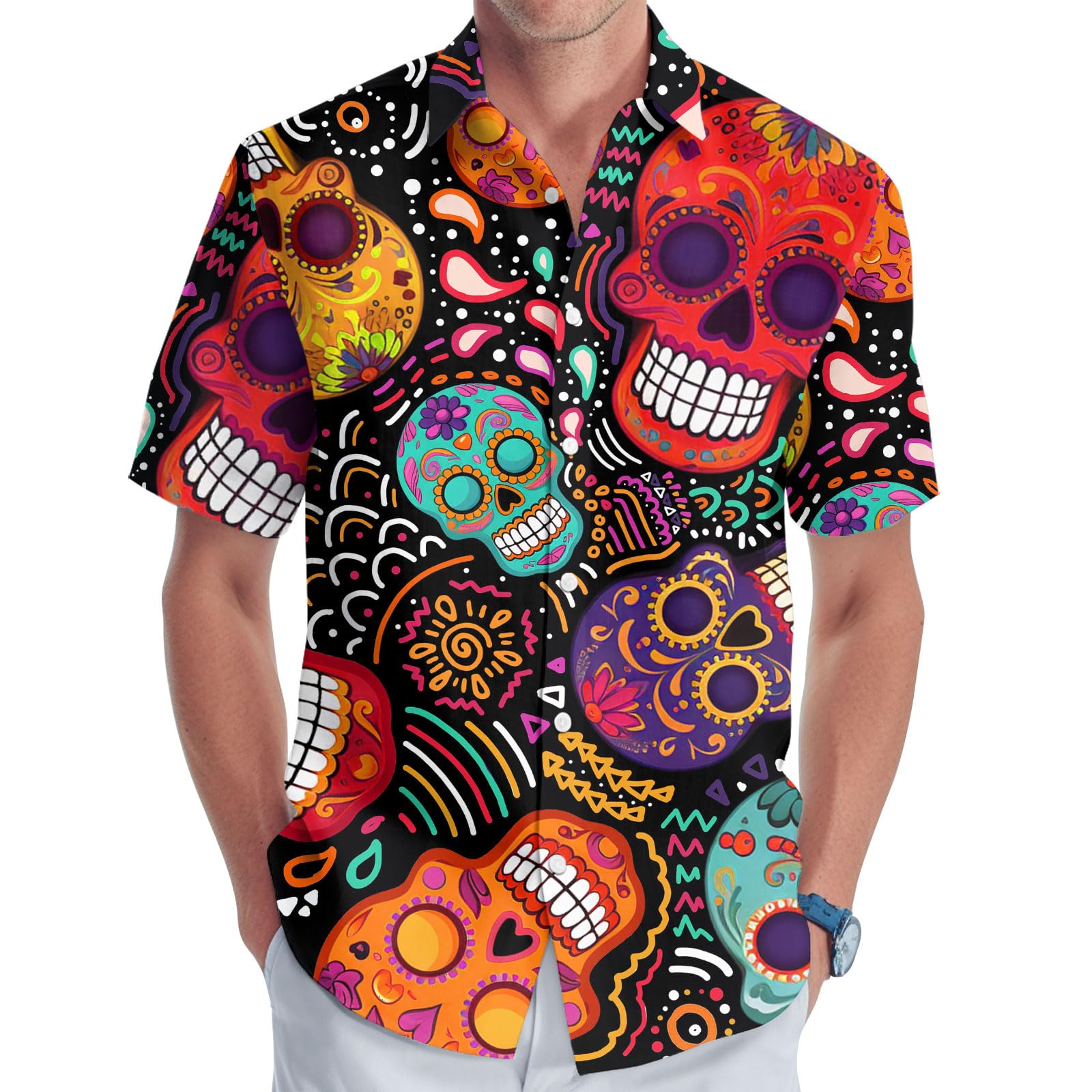 **34HD Halloween Gifts for Men - Skull Button Down Shirt, Cool Skull Print Shirt, Unique Birthday Gifts for Him - Perfect for Halloween Parties, Costume Events & Casual Wear**
