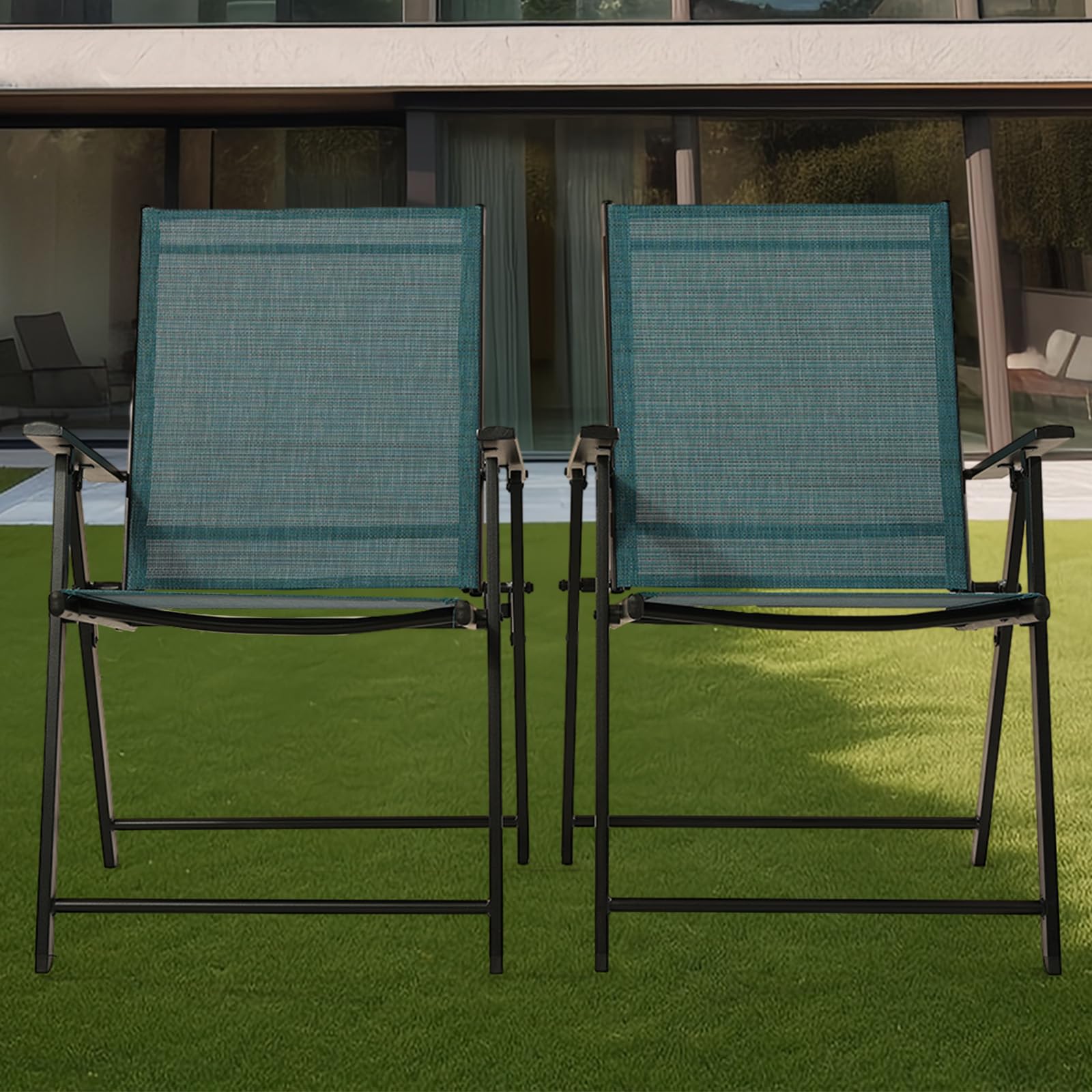 Patio Folding Chairs Set of 2 - Light Blue Outdoor Lawn Chairs with Rustproof Metal Frame, Portable Dining Chairs for Porch, Deck, Garden, Backyard, Camping | Perfect for Picnics, BBQs, Beach Trips & Outdoor Gatherings