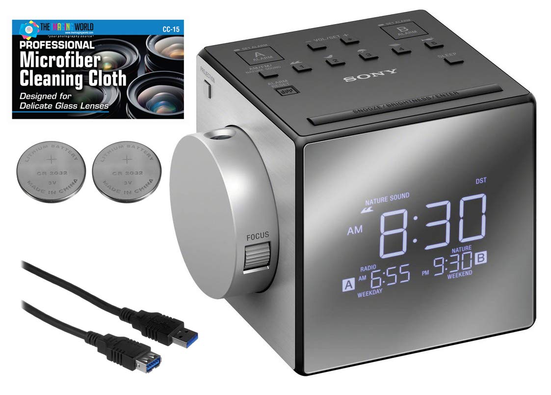 Sony ICF-C1PJ AM/FM Radio Alarm Clock with Time Projection, Nature Sounds, Adjustable LED Display, USB Charging Port & Built-in Calendar | Perfect for Bedroom, Office, Travel | Includes Extra Batteries & Charging Cable