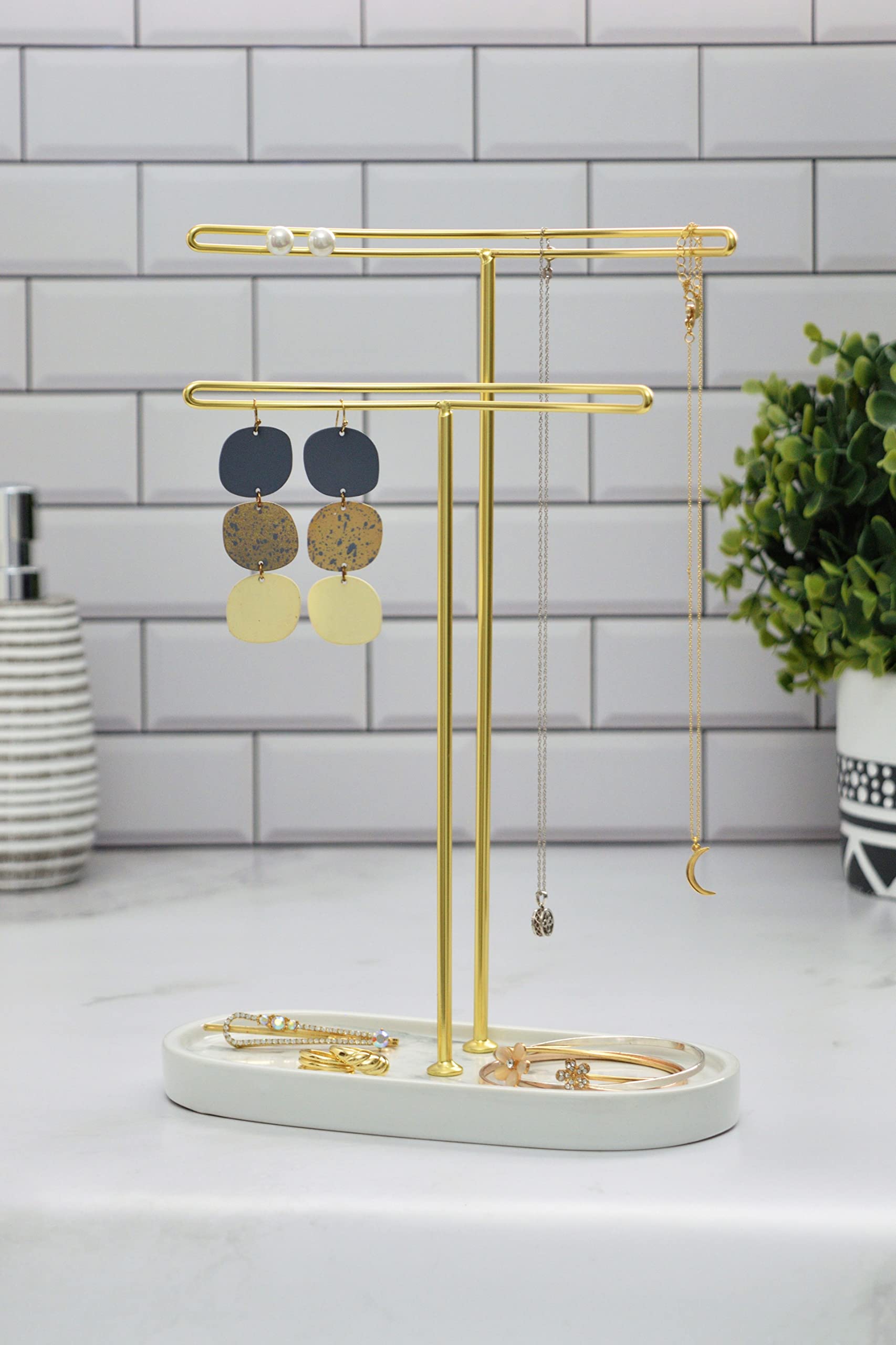 Elegant Jewelry Organizer Stand - Premium Earring, Necklace, Bracelet & Headband Storage Display Tower - White & Gold Jewelry Tree Holder - Perfect for Bedroom Vanity, Dresser Top & Travel Jewelry Organization