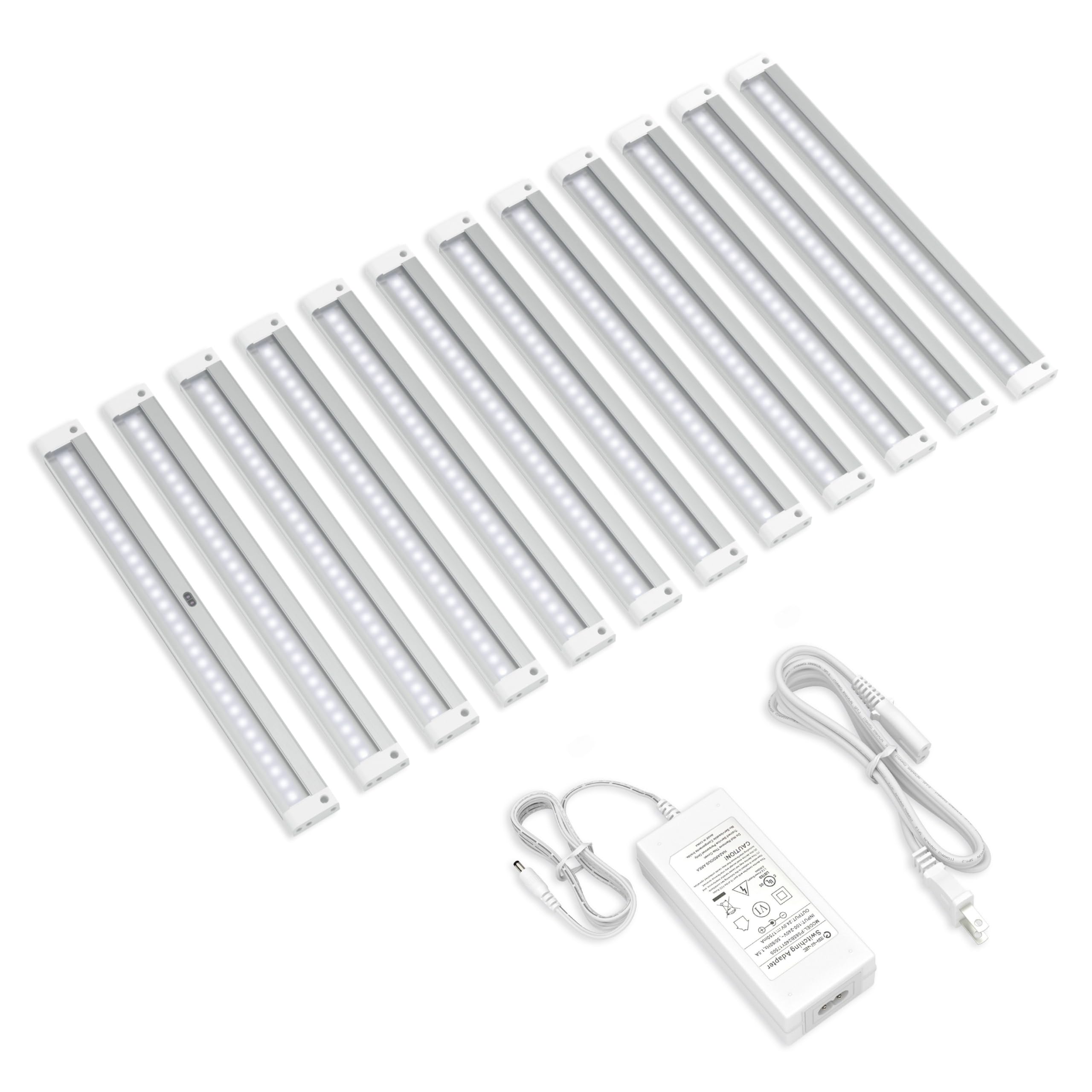 EShine 12-Pack Under Cabinet LED Lights - 12 Inch Hand Wave Activated, Dimmable Touchless Control - Cool White 6000K Kitchen Lighting for Countertops, Pantry, Office Desk & Garage Workspaces