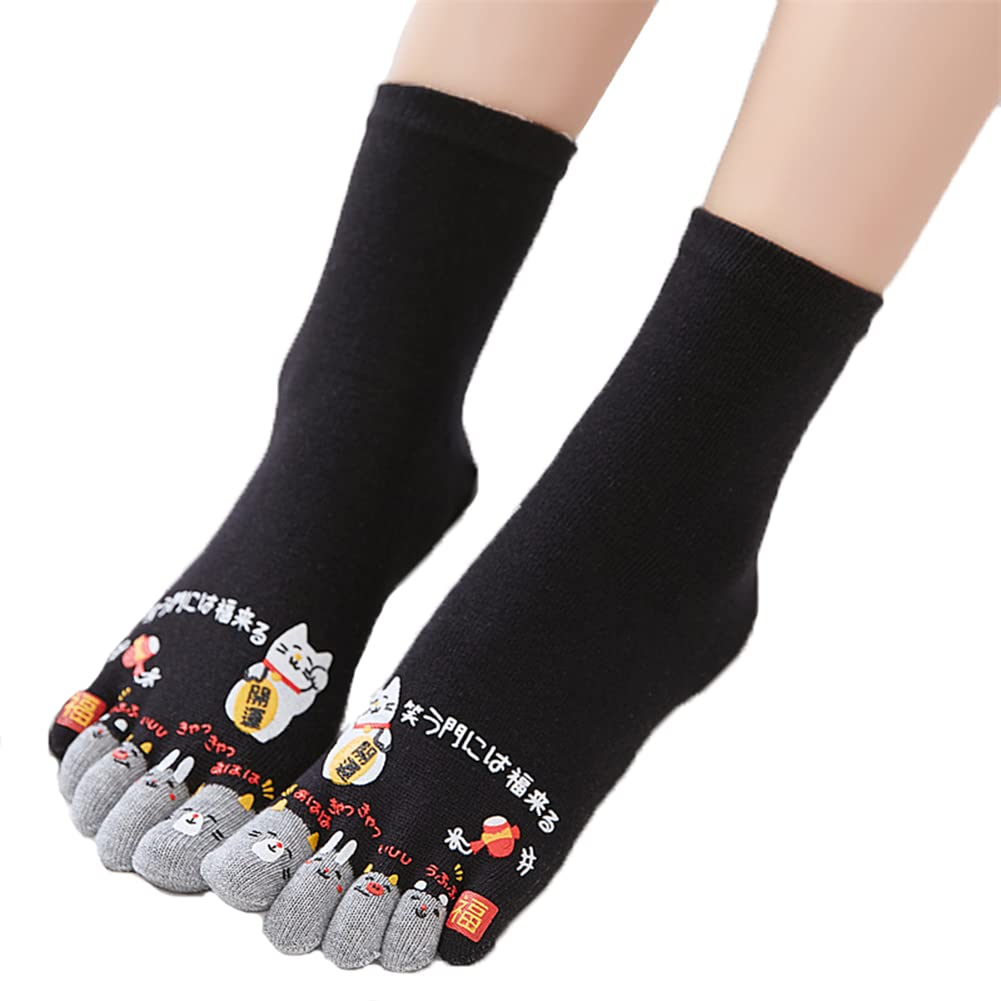 Funky Women's Toe Socks - Cartoon Lucky Cat Print Ankle Bootie Socks (Black) for Yoga, Cosplay & Unique Fashion Statement