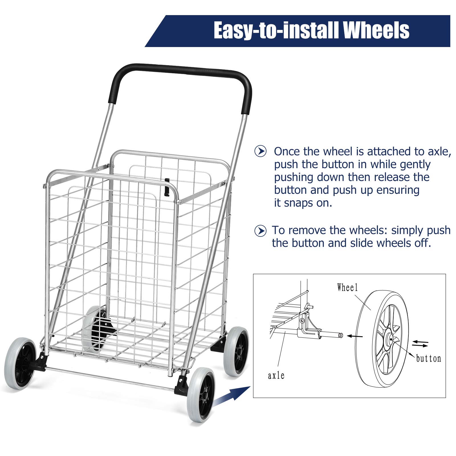 Goplus Heavy Duty Folding Shopping Cart with Wheels - Portable Collapsible Grocery Cart for Supermarket, Laundry & Home Use - Lightweight Foldable Utility Cart (Silver)