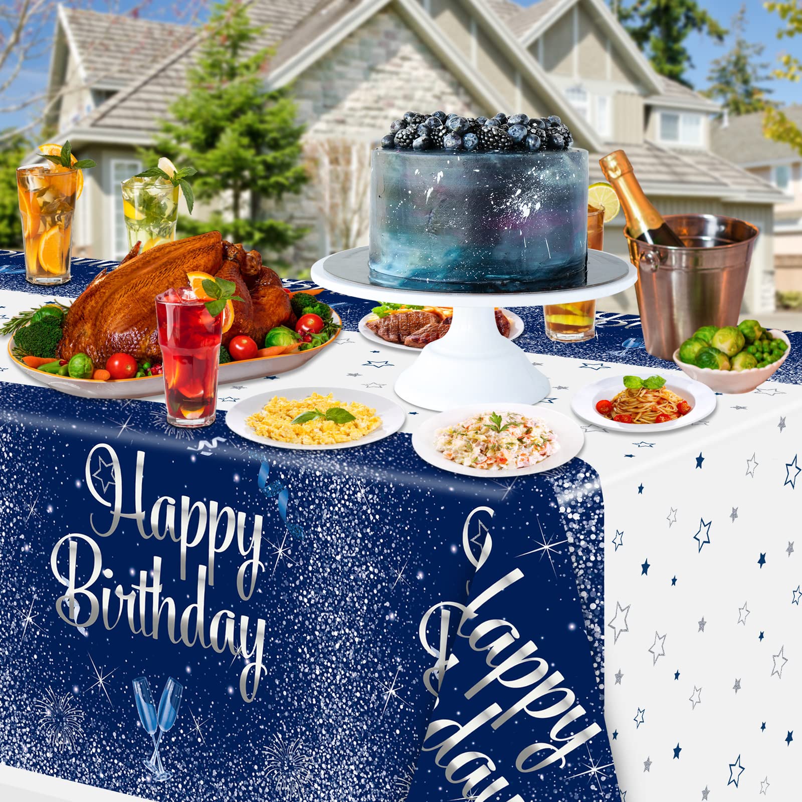 2 Pack Navy Blue & Silver Happy Birthday Tablecloths - 51x87 Inch Disposable Plastic Rectangle Table Covers for Birthday Party Decorations (Men, Women, Boys & Girls) - Perfect for Indoor & Outdoor Celebrations, Baby Showers, Anniversary Parties & Special Events