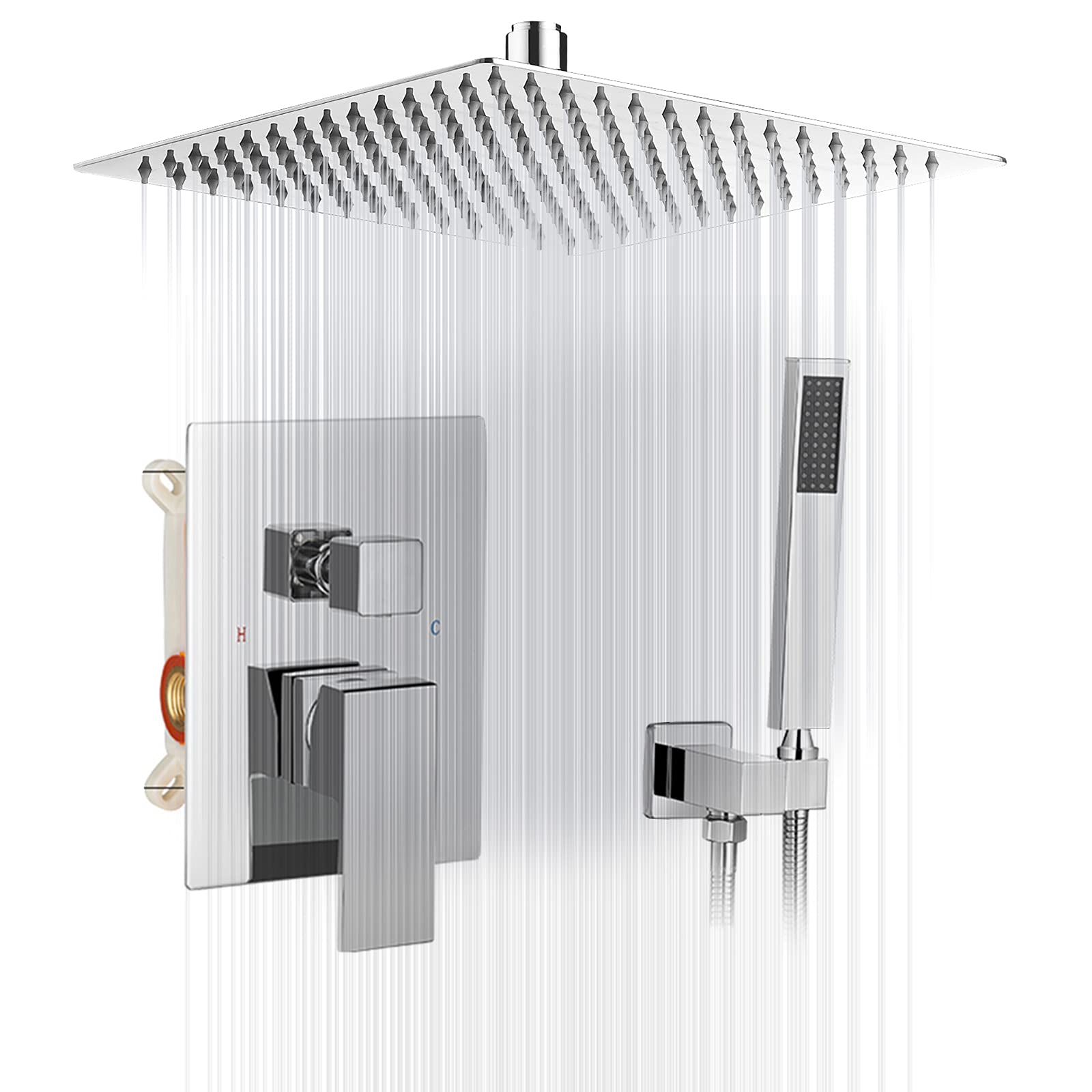 BWE 16 Inch Ceiling Mounted Luxury Shower System - Chrome Rainfall Shower Head with Handheld Spray, Modern Bathroom Mixer Combo Set (Includes Rough-in Valve Body & Trim) - Perfect for Spa-Like Showers and Contemporary Bathroom Upgrades