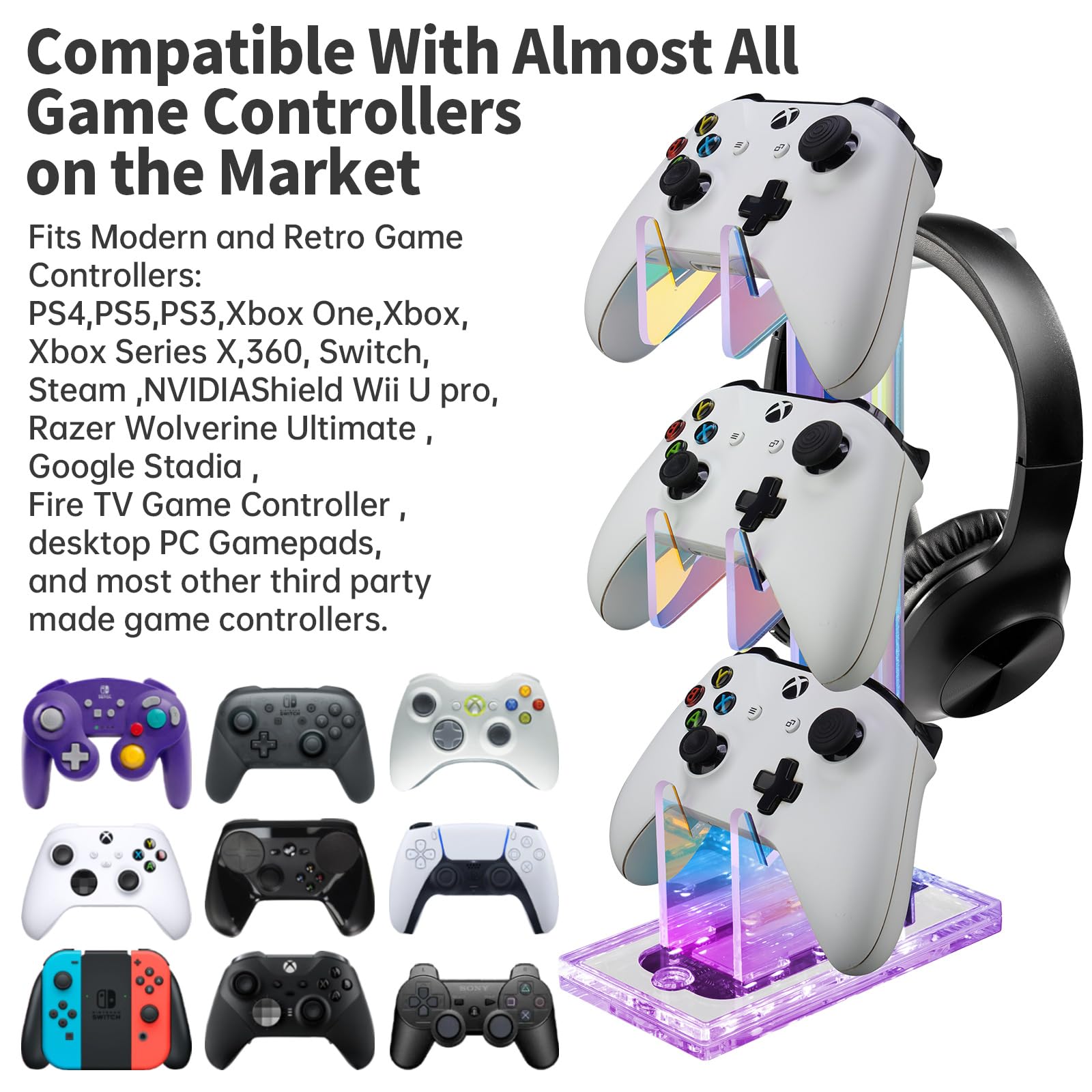 NiHome Iridescent Acrylic Multi-Tier Game Controller & Headset Holder Stand with Customizable LED Lighting - USB-Powered 7 Colors & 3 Modes, Anti-Slip Gaming Desk Organizer & Cable Management (3 Tiers) - Perfect for PS5, Xbox, Switch & PC Gaming Setup Accessories