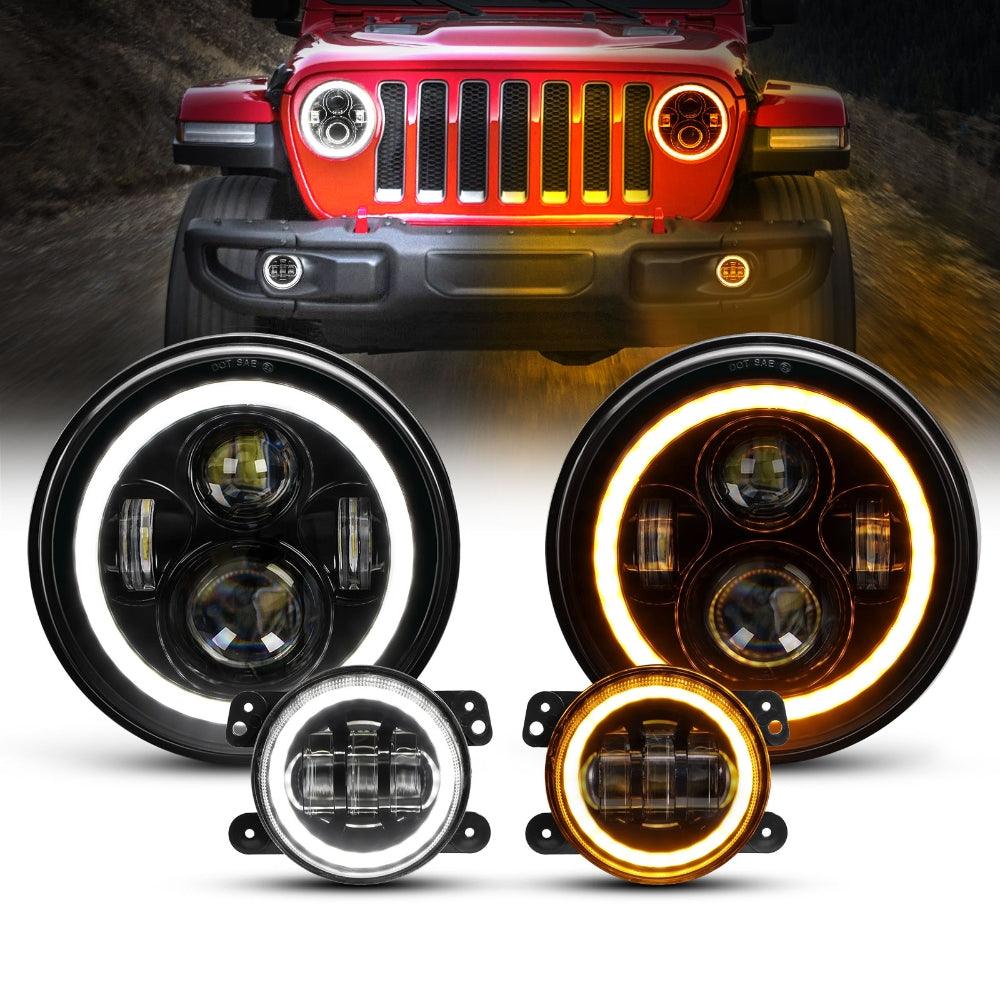 7 Inch LED Headlight & 4 Inch LED Fog Light Combo with Halo DRL, Turn Signal, High/Low Beam for Jeep Wrangler JK JKU TJ LJ (1997-2018) - Perfect for Off-Roading, Night Driving & Adventure Trips