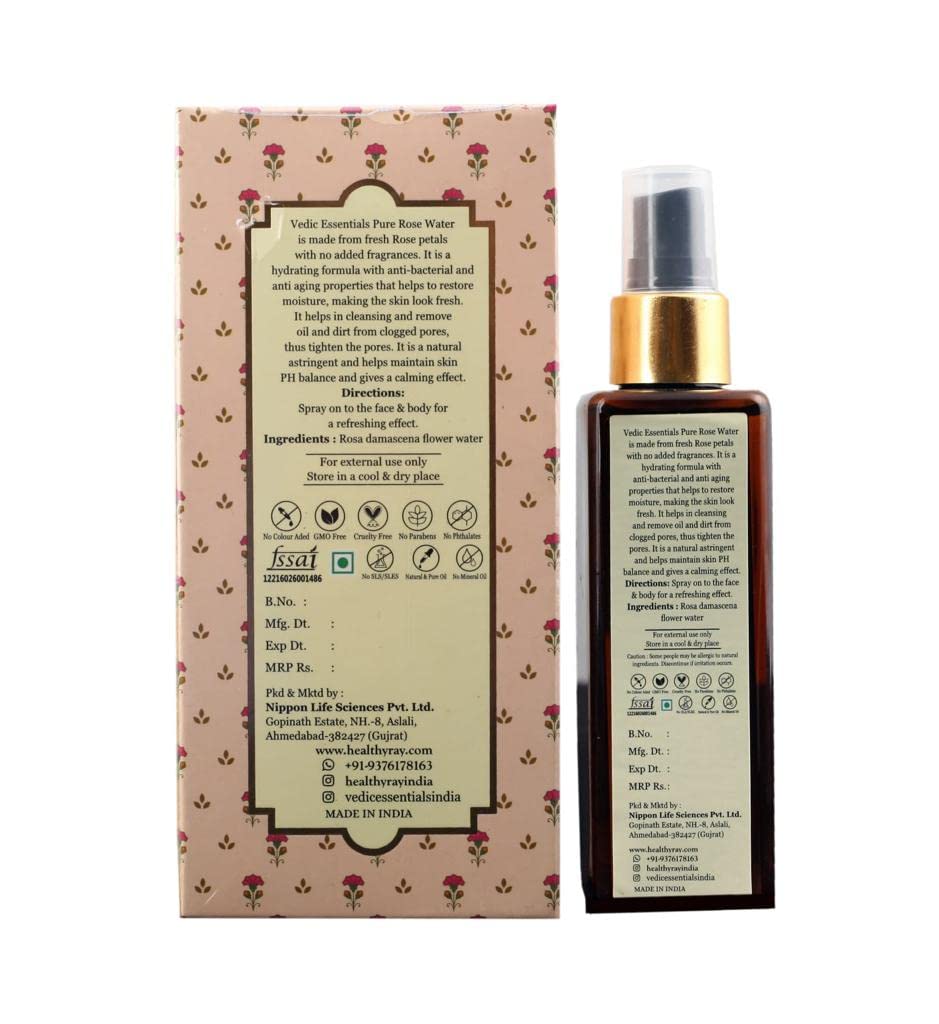 VEDICESSENTIALS Pure Rose Water (Gulab Jal) - 100ml Hydrating & Toning Face & Body Mist for Glowing Skin | Refreshing Floral Toner for Daily Skincare, Makeup Setting & Summer Cooling