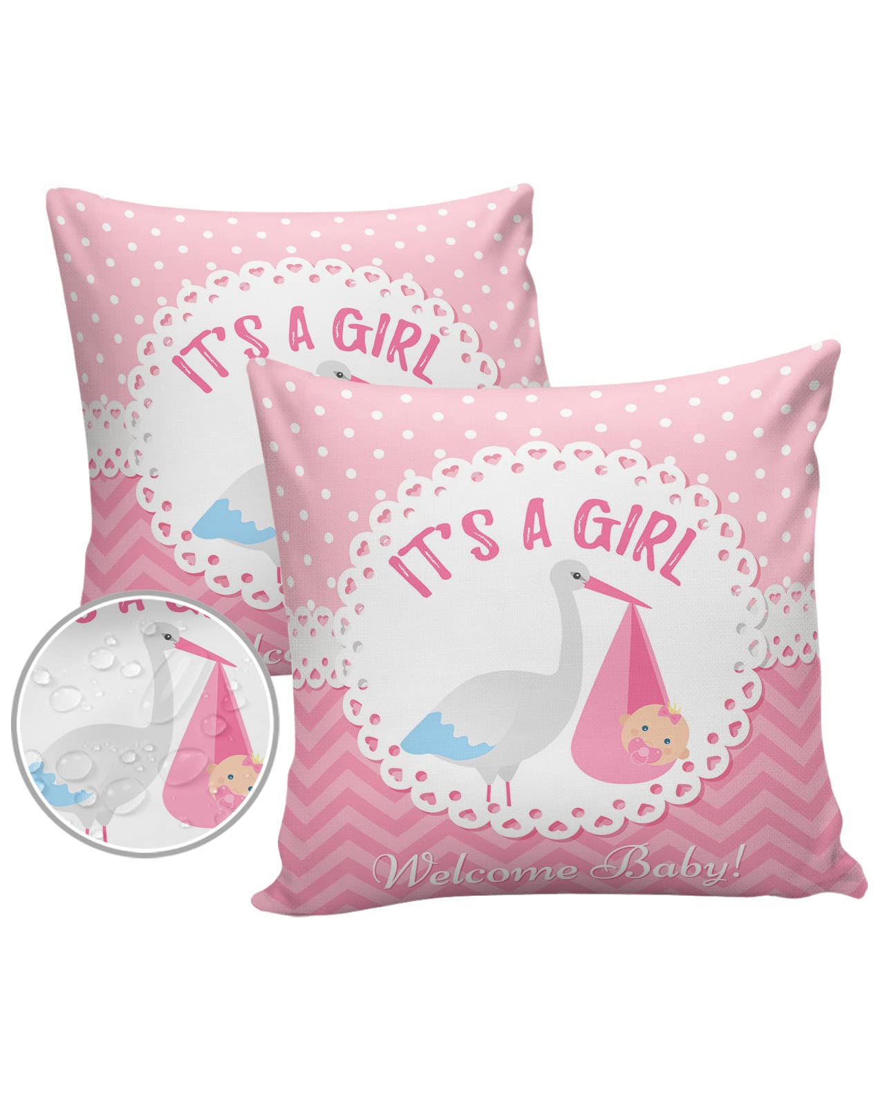 Waterproof Baby Pillow Protectors with Hidden Zipper - Ultra Soft & Breathable Pillow Covers Set of 2 (26x26 Inch) - Cute Stork with Girl Watercolor Design - Perfect for Nursery, Travel & Outdoor Use