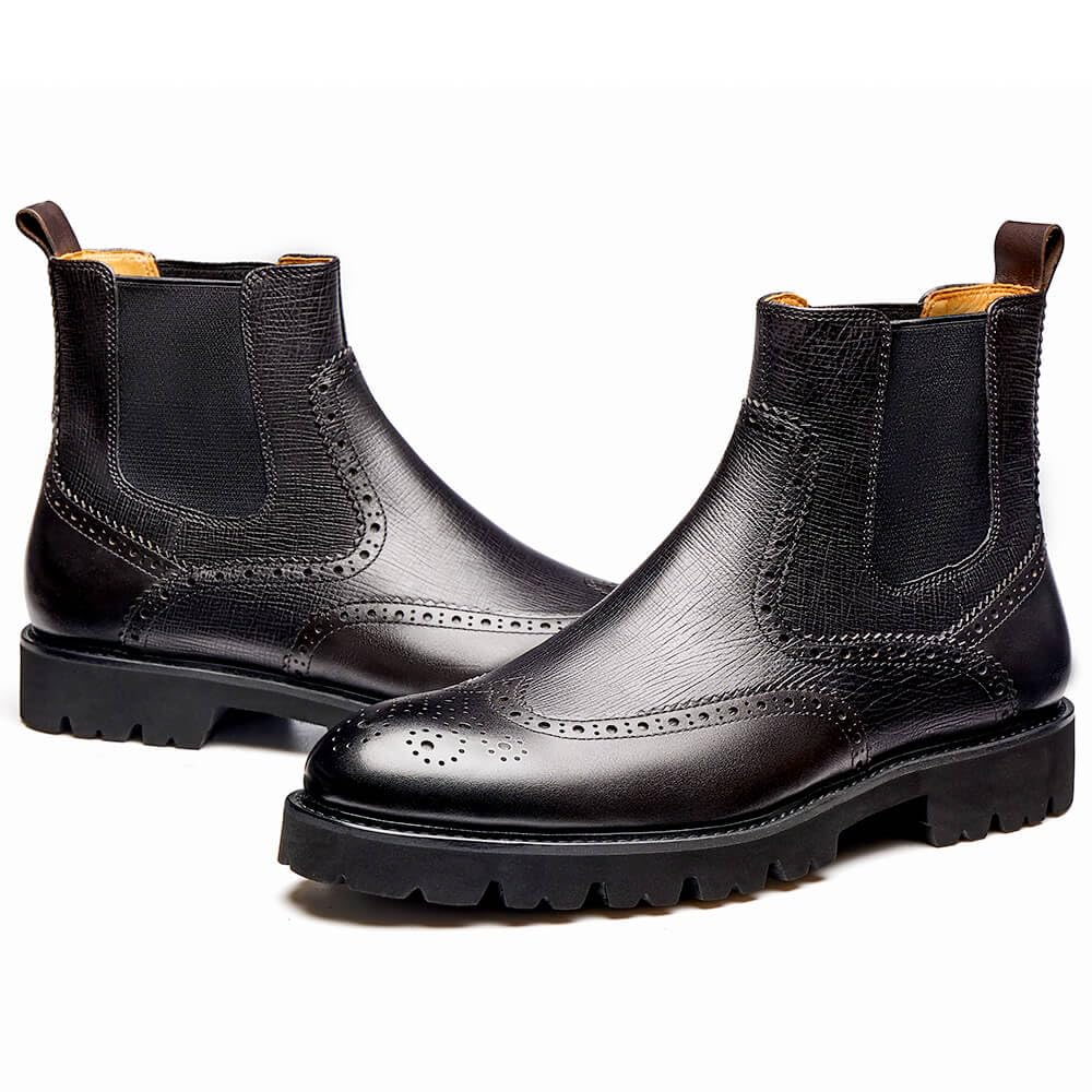 Jepsengord Men's Genuine Leather Chelsea Boots - Wingtip Brogue Dress Boots for Business & Casual Wear | Waterproof Ankle Boots for Office, Wedding & Outdoor Activities