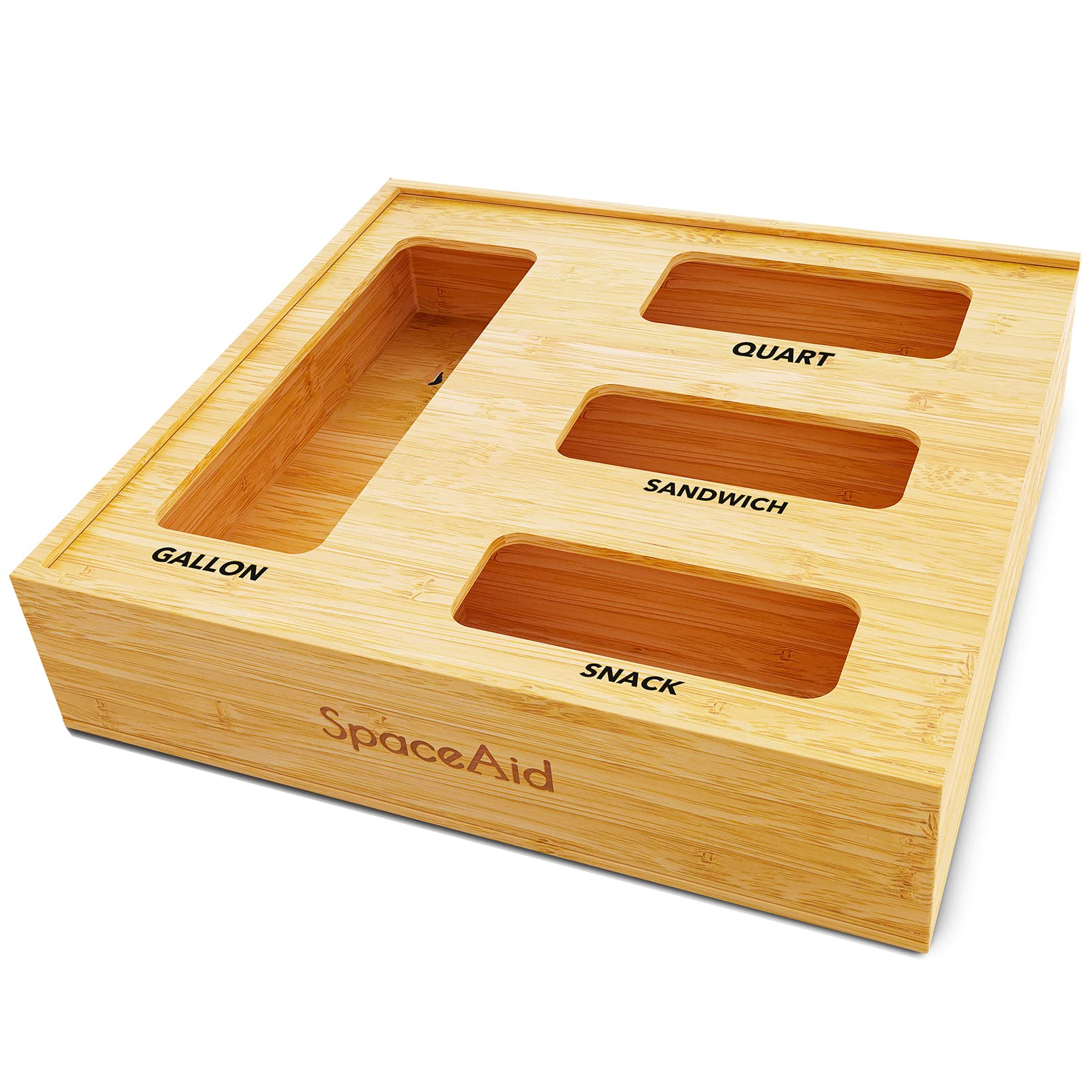 Bamboo Kitchen Drawer Organizer for Gallon, Quart, Sandwich & Snack Bags - 4-Slot Storage Box (2.5