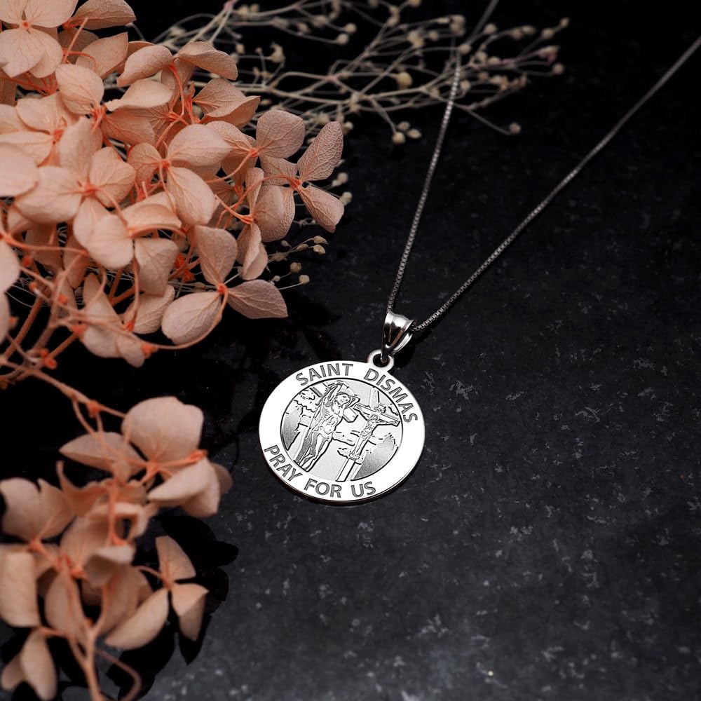 Saint Dismas Religious Medal Pendant - Sterling Silver, 10K & 14K Gold Options - Round Christian Jewelry for Protection - Perfect Gift for Men & Women - Ideal for Daily Wear, Baptisms & Spiritual Blessings