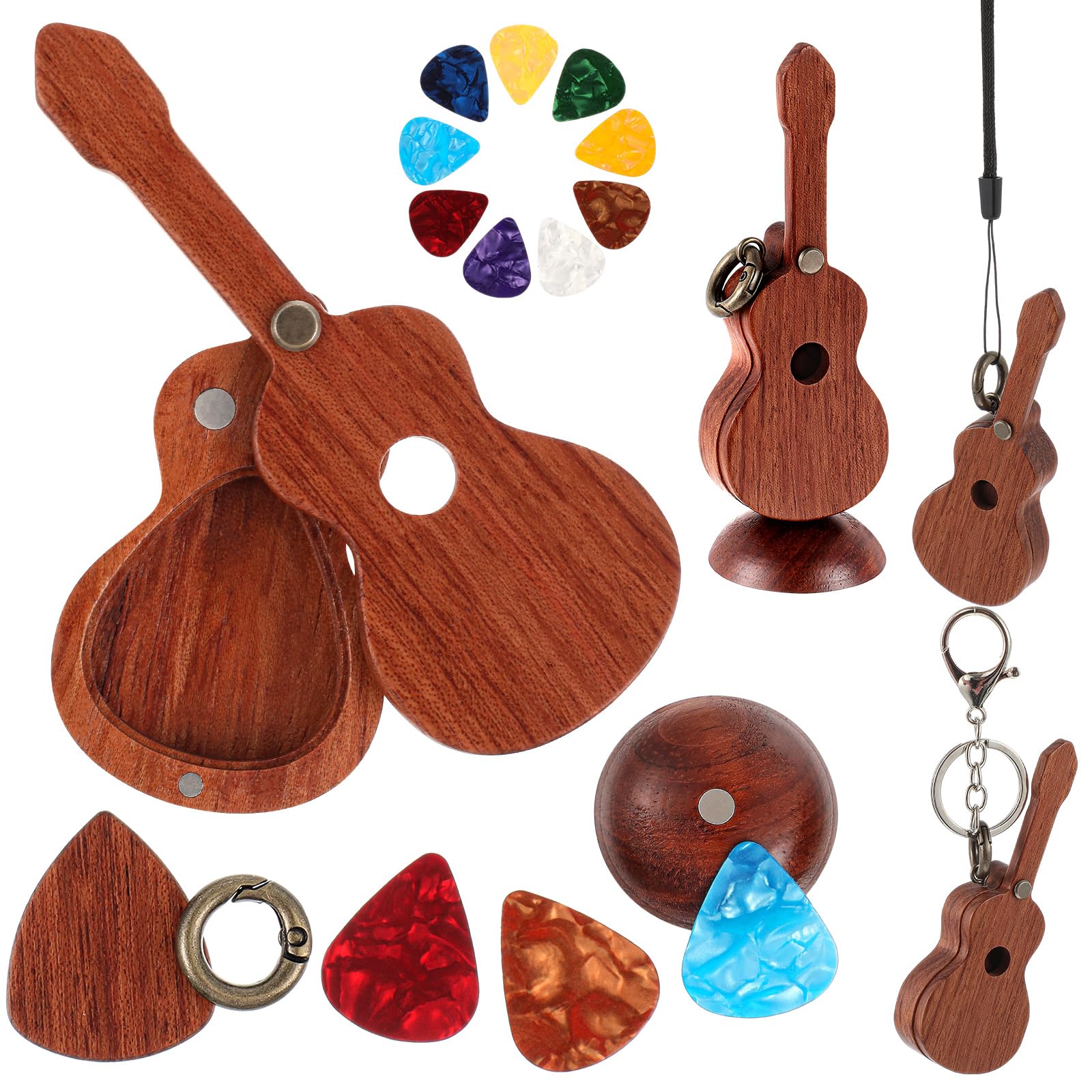 Premium Wooden Guitar Pick Box Set - 12 Picks, Holder Case, Keychain & Necklace - Classical Music Accessories for Guitarists - Perfect for Home Decor, Car Mirror Hanging, and Bass Instrument Gifts